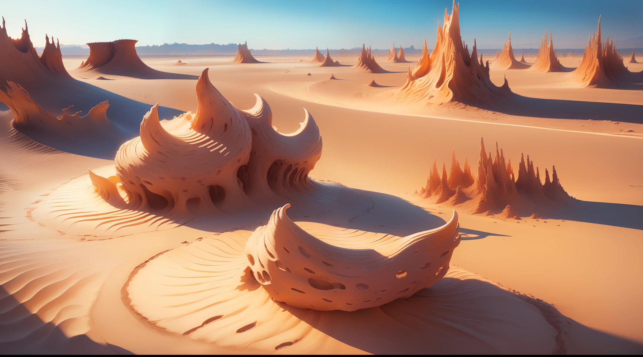 A desert，(Wind-eroded landforms:1.4)，sand dune，(Wind-eroded landscape:1.6)，A city in the wind and sand，Best Photography，Best quality at best