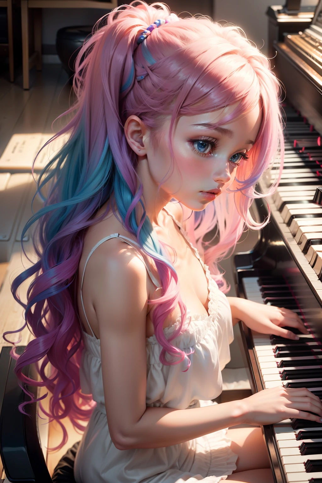 Playing the piano keys girl with Hair Colorful pop music Music Artistically art by colourfull natural soft light