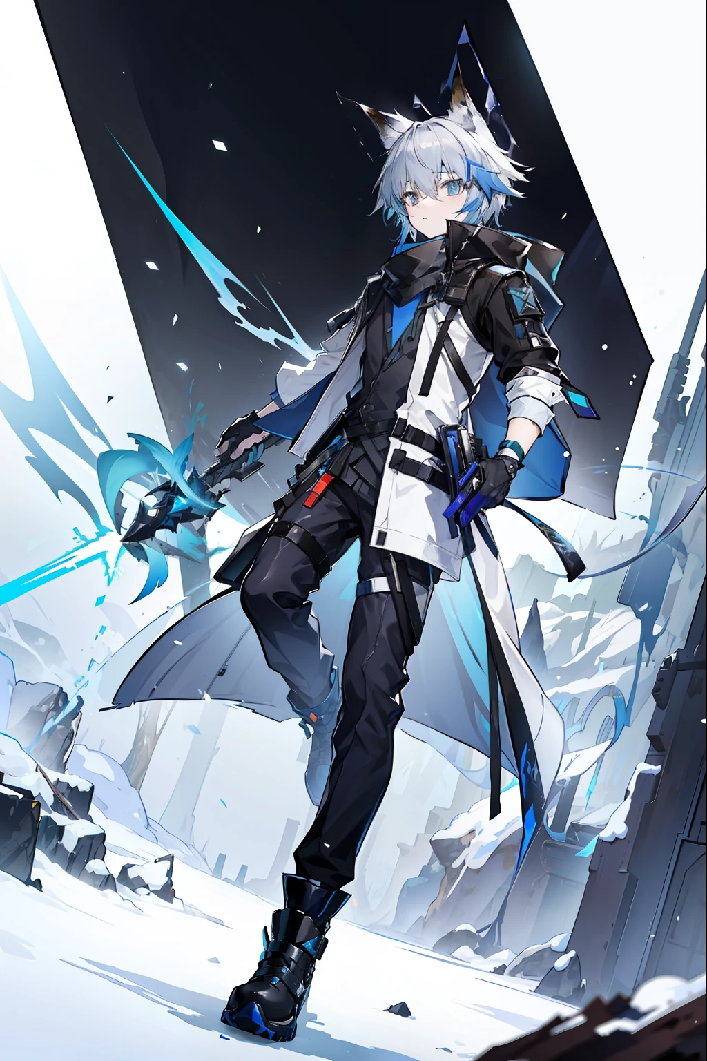 arknights style, arknights design, arknights character, arknights spellcaster, kjerag, fox boy, coat, fox, fox man, simple outfit, operator, snow guy, snow powers, light blue hair, light gray hair