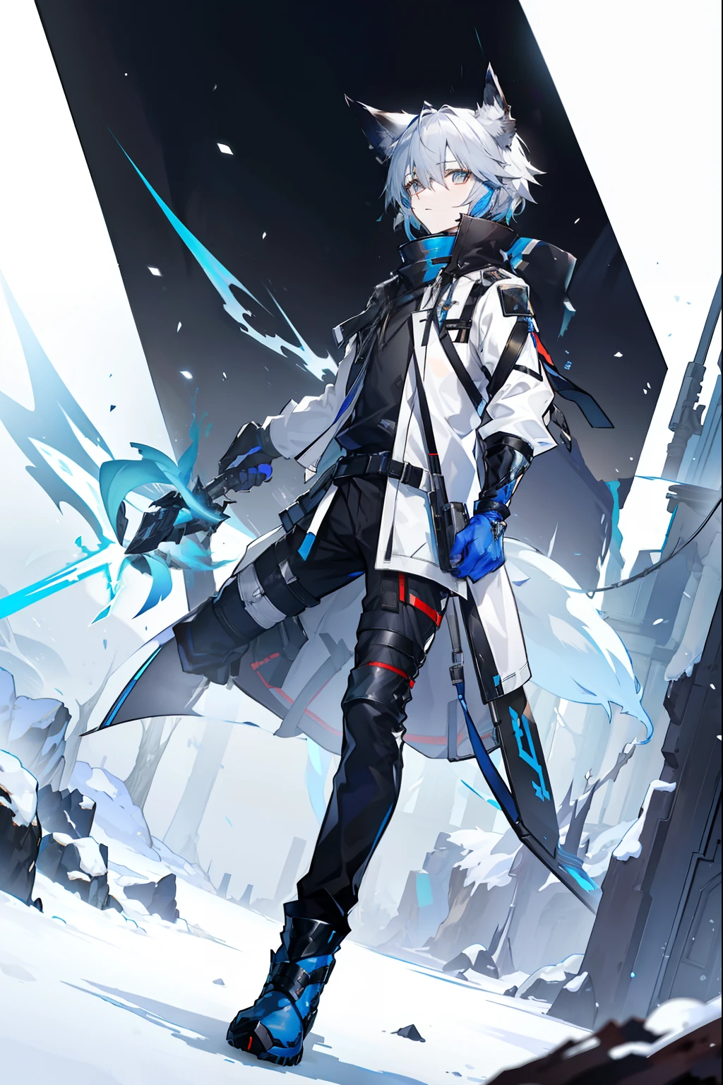 arknights style, arknights design, arknights character, arknights spellcaster, kjerag, fox boy, coat, fox, fox man, simple outfit, operator, snow guy, snow powers, light blue hair, light gray hair