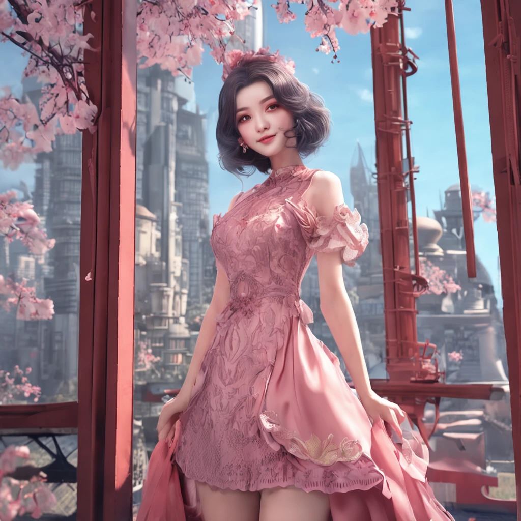 Arad woman in dress poses for photo in front of the city, full-body xianxia, belle delphine, Middle metaverse, xintong chen, Album art, xision wu, wenfei ye, Cai Xukun, shaxi, Chinese girl, bae suzy, sakimichan, personal profile picture, chengyou liu