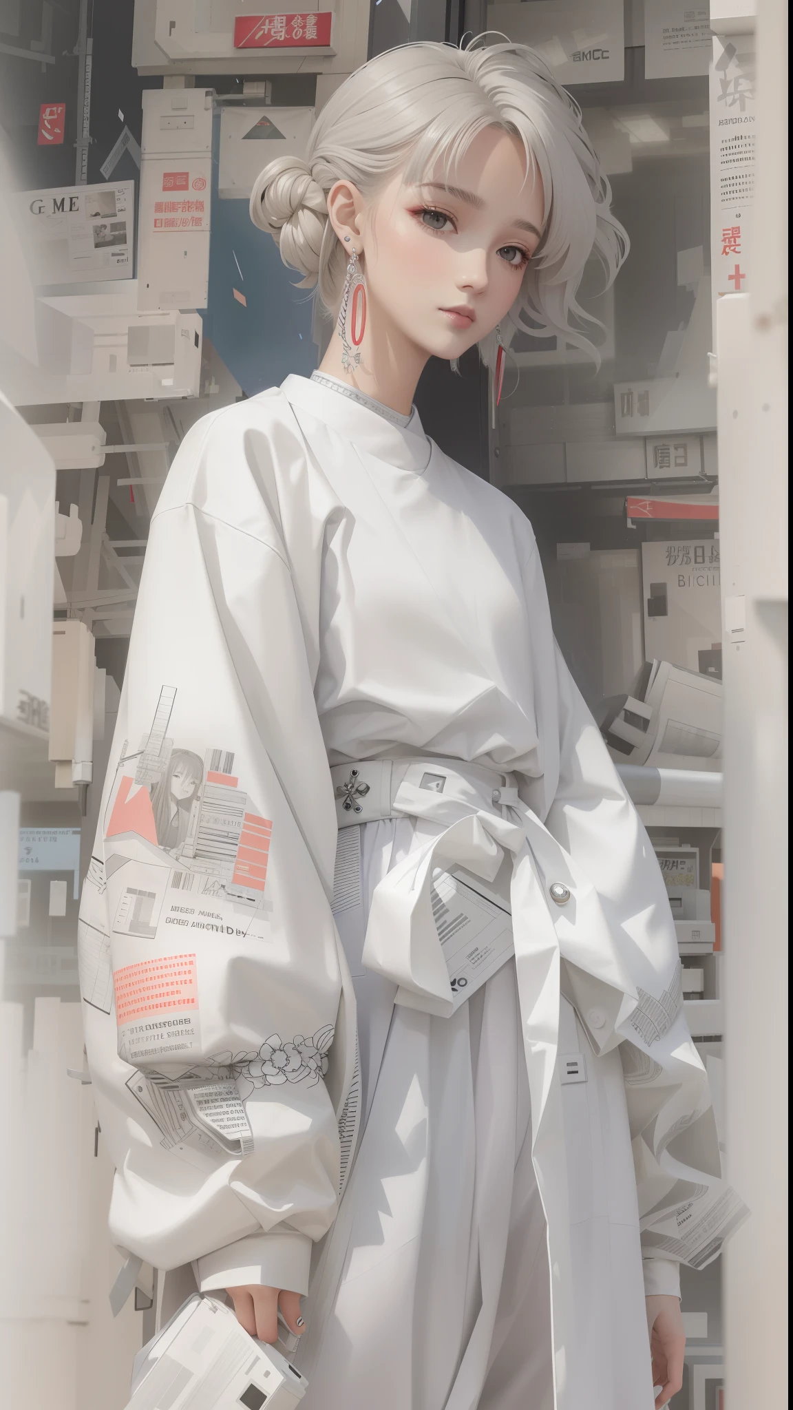 Arapefi, Wearing a white coat and white dress, Stand in front of the store, newspaper style, voluminous sleeves, She is seen wearing streetwear pieces, japanese streetwear, pale and coloured kimono, inspired by Gao Cen, by Kamagurka, muted cyberpunk style, wearing cyberpunk streetwear, clothes from the future, sakimichan frank franzzeta