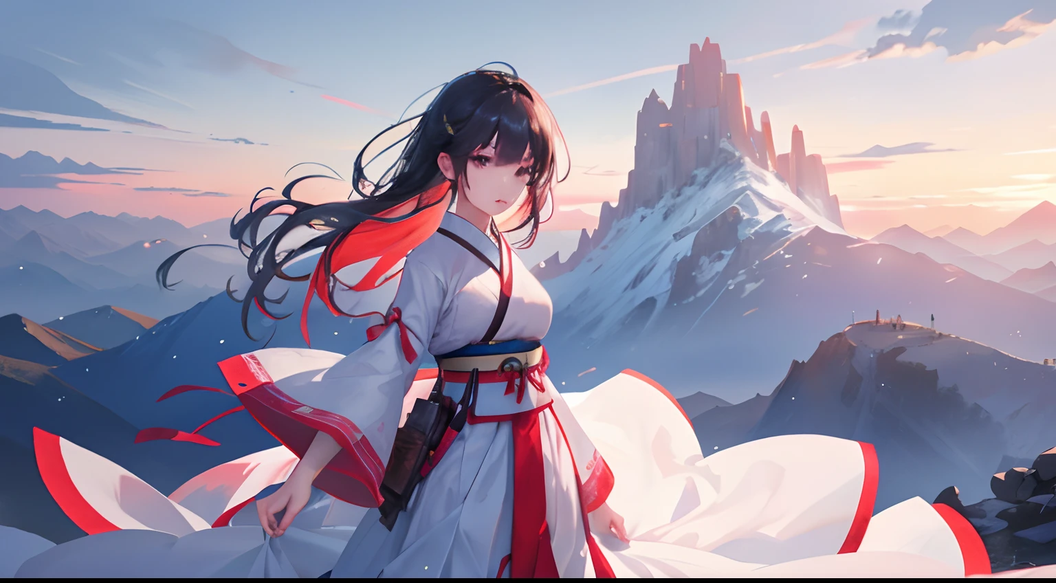 (Best quality, 8K, photorealistic , raw, masterpiece:1.1), perfect body , korean girl wearing hanbok , standing at the peak of mountain , beautiful lanscape, dynamic view , perfect view , cinematic lighting