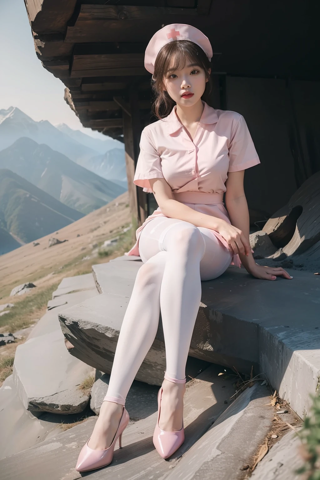 (full body:1.5)，(1girl:1.3),(view the viewer:1.4)，(anatomy correct:1.4),(sitting on the top of mountain:1.2),(Wearing a white nurse set:1.2),(Opaque pink pantyhose:1.3),( girl pointed thick heels :1.1),(Accurate and perfect face:1.3),(Long legs:1.3),hyper HD, Ray traching, reflective light， structurally correct, Award-Awarded, high detail, lighten shade contrast, Face lighting ，cinematic lighting, masterpiece, super detailing, high quality, high detail, best quality, 16k，High contrast,