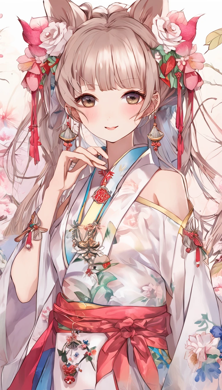 arms behind back,best quality,Amazing,masterpiece,delicate,ultra high res,ultra detailed,highly detailed,intricate detail,beautiful detailed,8k resolution,((no text)),symmetrical face,sharp focus,traditional media,color ink (medium),gouache (medium),colorful,rainbow,1girl,solo,loli,cat girl,smile,pink eyes,glint,multicolored eyes,red lips,seductive smile,hanfu,ribbon choker,cat ears,heart earrings,looking at viewer,long hair,multicolored hair,hair bun,sitting,ribbon,jeweled branch of hourai,cape,