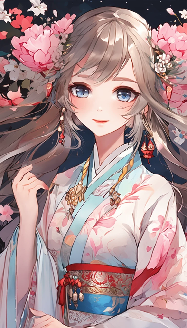 arms behind back,best quality,Amazing,masterpiece,delicate,ultra high res,ultra detailed,highly detailed,intricate detail,beautiful detailed,8k resolution,((no text)),symmetrical face,sharp focus,traditional media,color ink (medium),gouache (medium),colorful,rainbow,1girl,solo,loli,cat girl,smile,pink eyes,glint,multicolored eyes,red lips,seductive smile,hanfu,ribbon choker,cat ears,heart earrings,looking at viewer,long hair,multicolored hair,hair bun,sitting,ribbon,jeweled branch of hourai,cape,