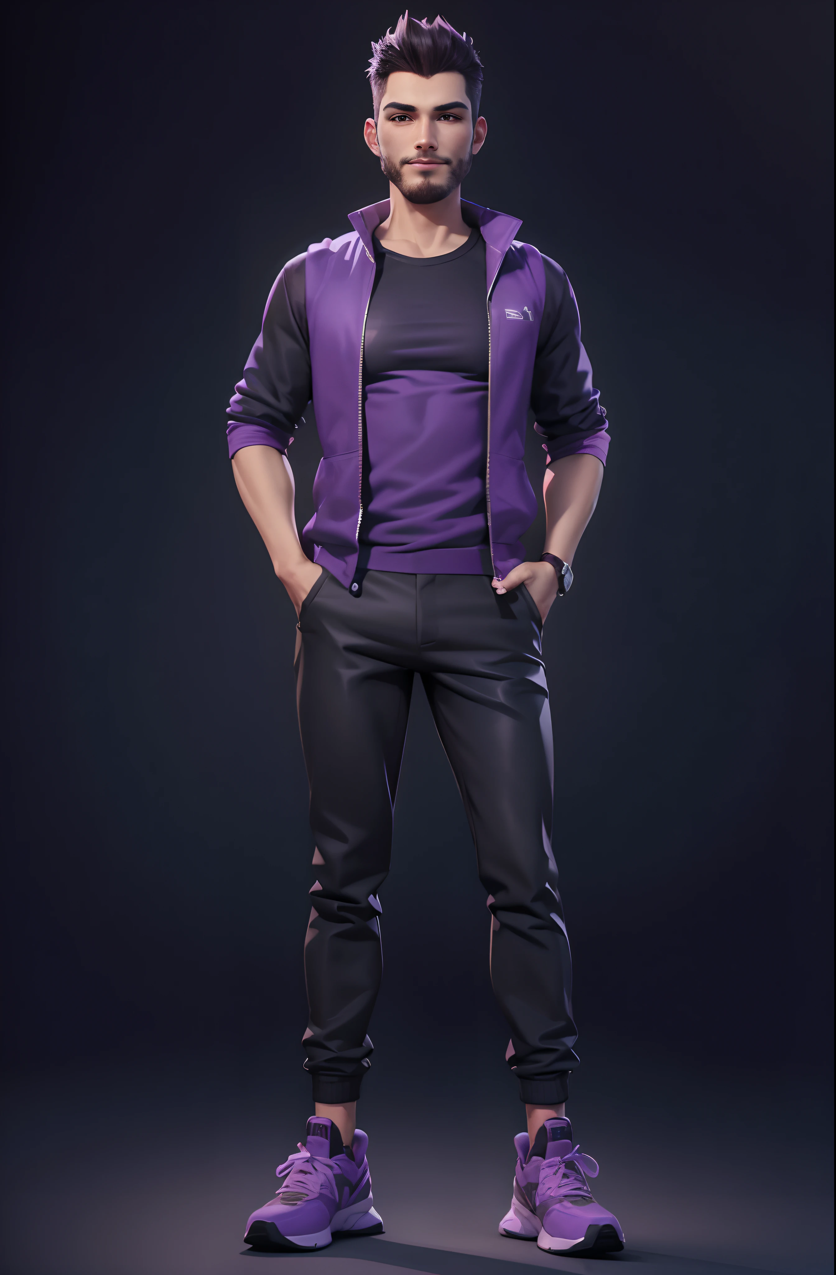 Man in purple jacket and black pants posing for photo, Arnold Maya render, 3 d render arte do caractere 8 k, retrato de personagem de corpo inteiro, Retrato de corpo inteiro do personagem, Retrato de personagem de corpo inteiro, Maxwell render, full body render, Arnold render, personagem masculino, arte do personagem masculino humano, 3 d render de jerma 9 8 5