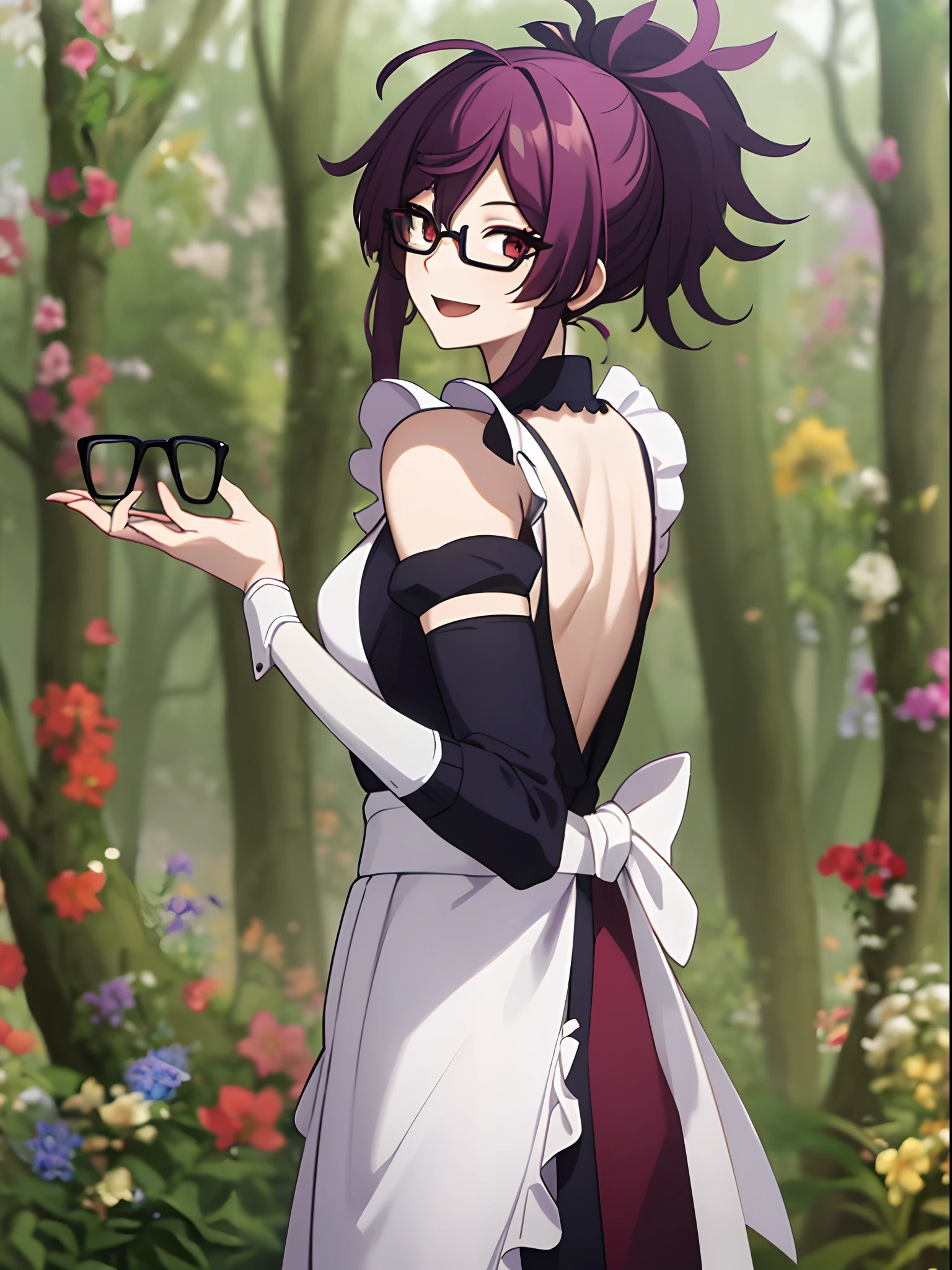 best quality, (masterpiece:1.2), highly detailed, flowers, forest, blurry background,
1girl, solo, Yuzuriha,
looking at viewer, medium breasts, smile, open mouth,
red eyes, purple hair, ponytail, ((maid dress)), armored clothes, bare shoulders, (((glasses))), ((rim-less eyewear)), (((mature female))), tall, beautiful, sexy, medium breast, milf, (eyewear:0.9)