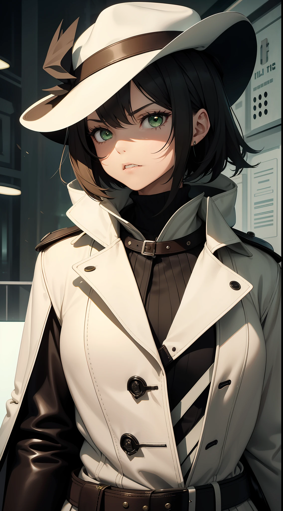 young girl, short black hair, Green eyes, White Mask, brown leather coat, hat, Rorschach, angry, Masterpiece, hiquality