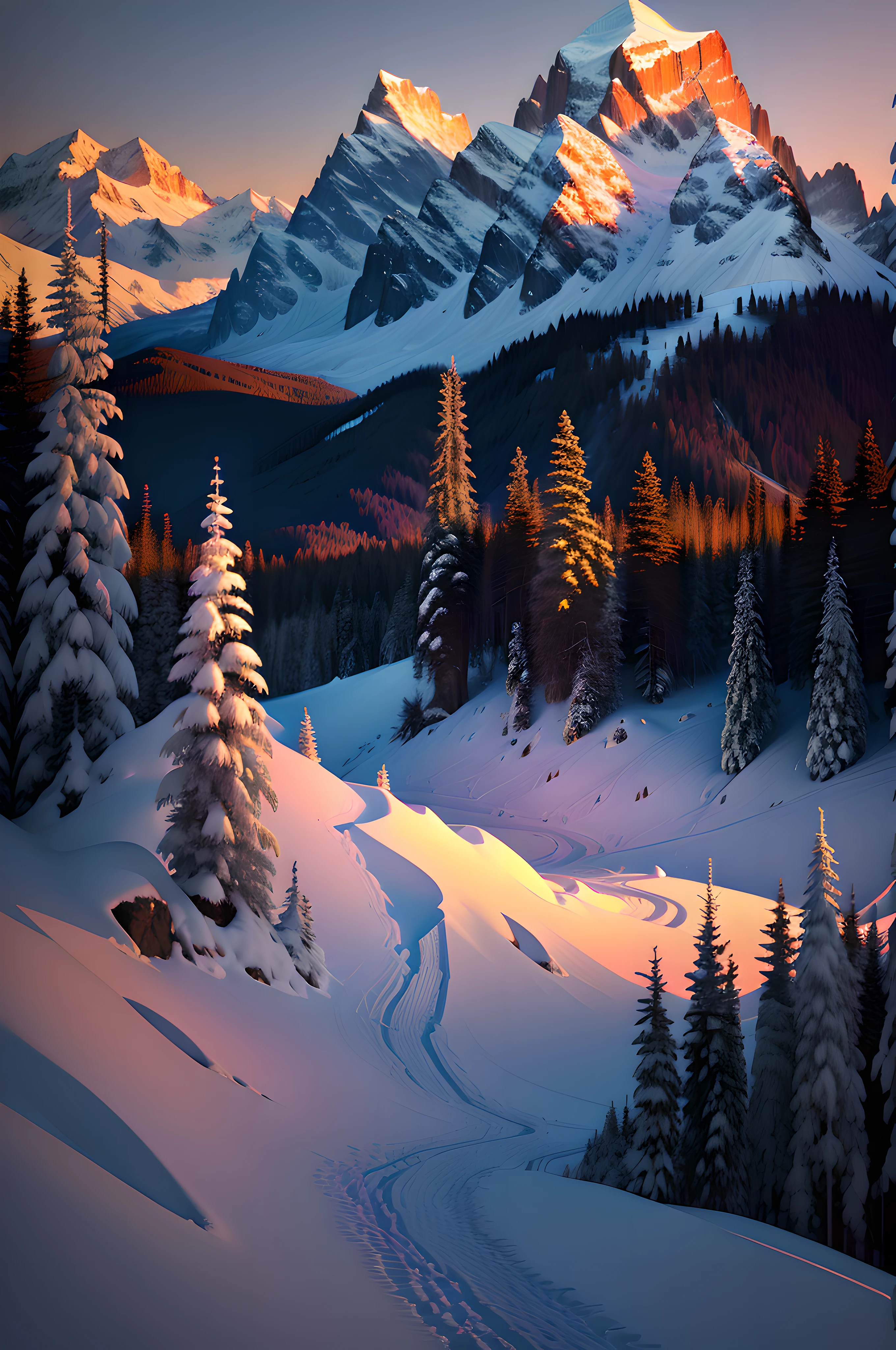 The mountains are covered in snow，Densely wooded，Sunset, mountain sunrise, last light on mountain top, ryan dyar, inspired by Michael Komarck, epic sunrise, sunrise light, log cabin beneath the alps, Sunset light, Amazing wallpapers, Beautiful wallpaper, Wallpaper 4k, wallpaper 4 k, sunshine lighting high mountains, 8K stunning artwork, marc adamus