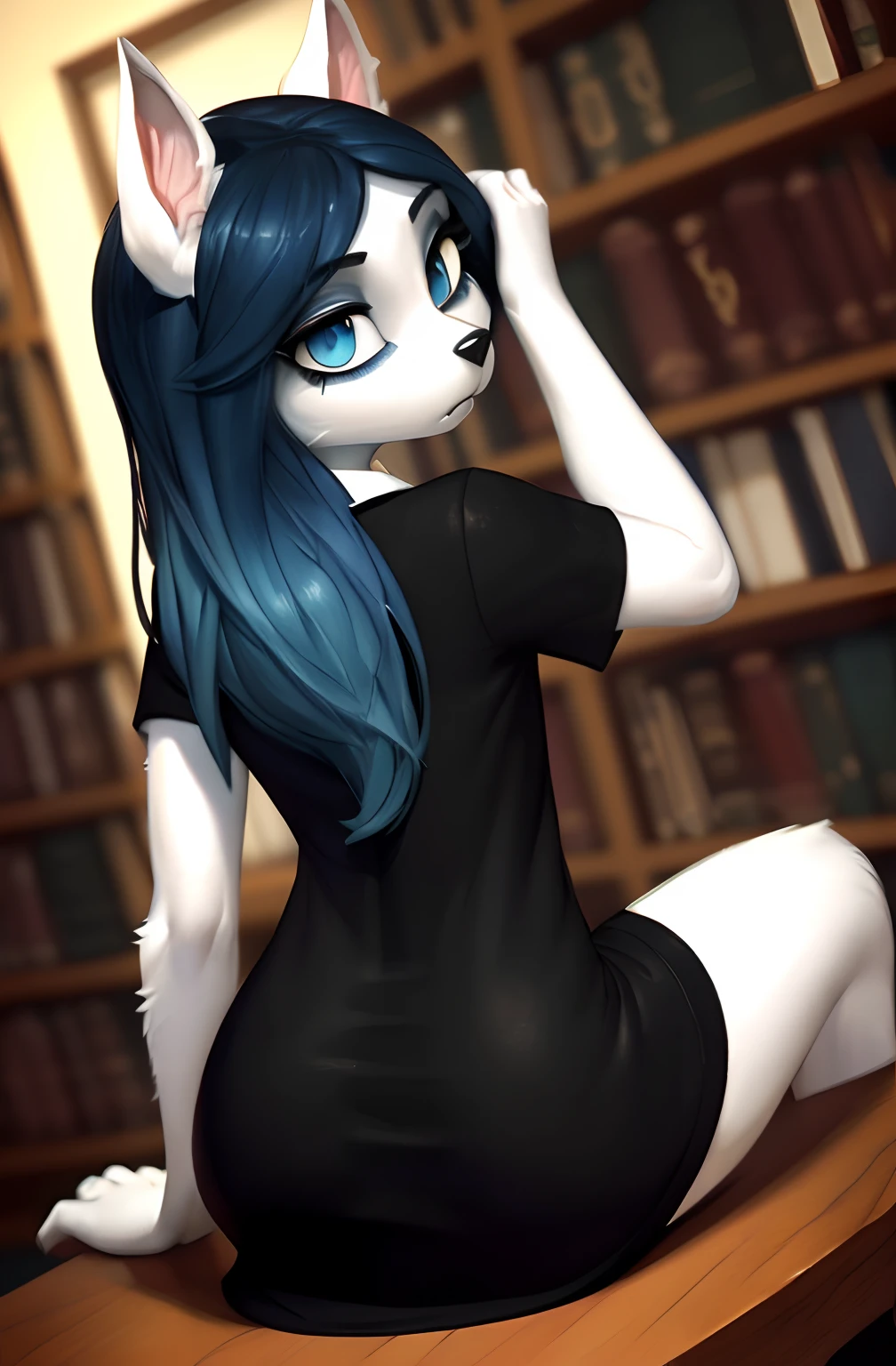 [Claire (the summoning)], [Uploaded to e621.net; (Pixelsketcher), (wamudraws)], ((masterpiece)), ((1girl)), ((solo portrait)), ((full body)), ((back view)), ((furry; anthro)), ((detailed fur)), ((detailed shading)), ((beautiful 3D art)), {anthro; (white fur, black nose), long blue hair, (bang over left eye), dark blue slit eyes, (black claws)}, {(short sleeve black white-collared shirt), (tight short bodycon dress)}, {(on table), (1 knee up), (hand on head)}, [background; (library), (bookshelf)]