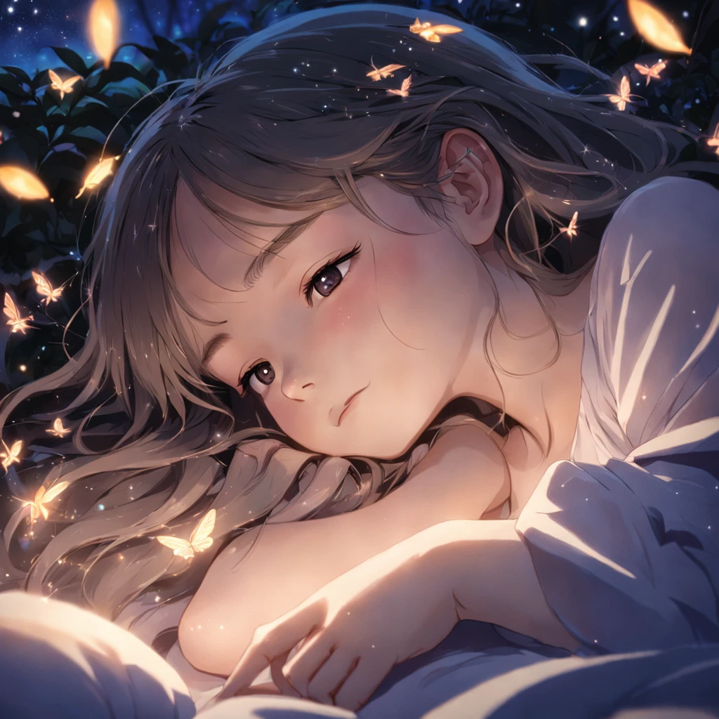 Close view of a beautiful teenage girl sleeping peacefully in a fantasy bed illuminated by the gentle glow of fireflies. The Canon EOS R6 Mark II captures the intricate details of her serene expression as she rests amidst the ethereal ambiance. The fireflies create a magical atmosphere, their soft luminescence casting enchanting patterns on the girl's features and the surroundings. The Sigma 50mm f/1.4 DG HSM Art Lens ensures high resolution and impeccable clarity, bringing out the photorealistic quality of the scene.