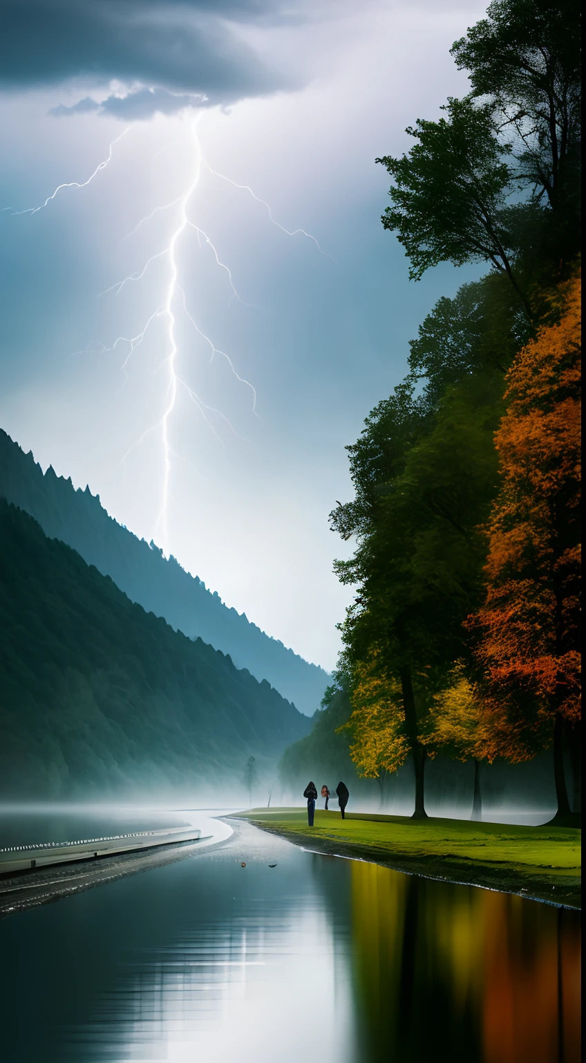 analog style,Chromav5, nvinkpunk,masterpiece, best quality, high quality,extremely detailed CG unity 8k wallpaper, scenery, outdoors, tree, no humans, sky, cloud, mountain, nature, river, water, rock, cloudy sky, day, landscape, reflection, lake, blue sky, building, mountainous horizon,heavy rain, rainbow, rain, Stormy, lightning, mist, fog , oil paiting, award winning photography, Bokeh, Depth of Field, HDR, bloom, Chromatic Aberration ,Photorealistic,extremely detailed, trending on artstation, trending on CGsociety, Intricate, High Detail, dramatic, art by midjourney