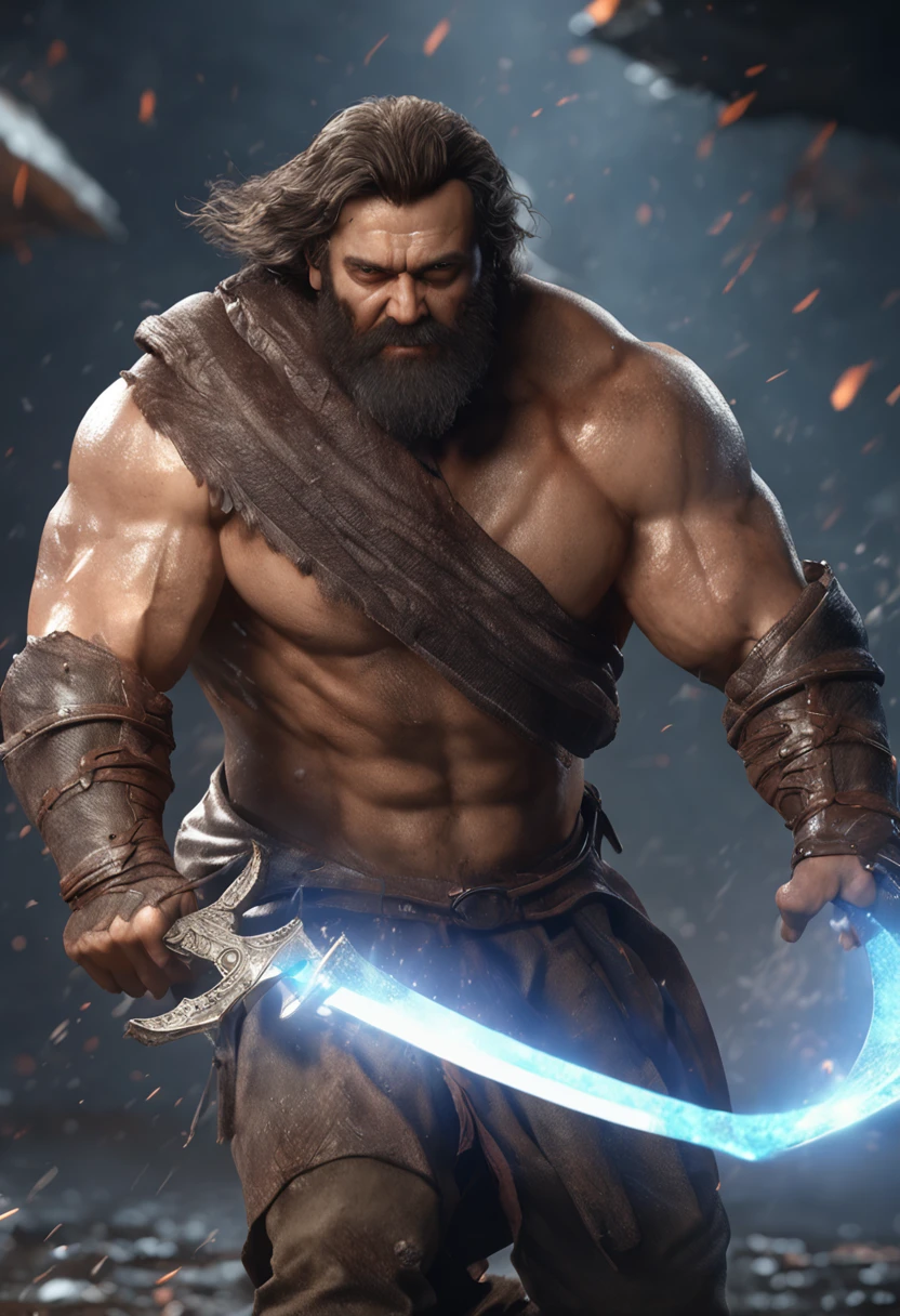 (Professional 3D rendering:1.3) de (Realistic:1.3) Foto de arte mais bonita do mundo，Features soft, bright male heroes, ((Epic hero fantasy rough muscular man wet hero angry look long hair short beard and fierce expression in dynamic pose, fantastic location, majestoso ambiente desordenado)), corpo inteiro 8k unidade render, action shot, poros da pele, very dark lighting, sombreamento pesado, circunstanciado, Rosto detalhado, (vibrante, fotogrdeia realista, Realistic, Dramatic, Escuro, foco nítido, 8k), (Old leather clothes damaged by bad weather:1.4), ((((Use peles)))), (intrincado:1.4), decadente, (altamente detalhado:1.4), pintura digital, rendering by octane, art stations, Conceito-Arte, liso, foco nítido, illustration, germe da arte, (Loish:0.23), Wlop Ilya Kuvshinov, e Greg Rutkowski e Alphonse Mucha Gracias, (global ilumination, studiolight, Light Volumetric), chuva forte, floating particles, patife, fantasia, Onze, corpo inteiroesbian, ((Fundo escuro e antigo da cidade:1.3)),CGSesociedade,art stations