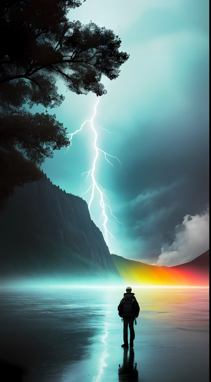 analog style,Chromav5, nvinkpunk,masterpiece, best quality, high quality,extremely detailed CG unity 8k wallpaper, scenery, outdoors, tree, no humans, sky, cloud, mountain, nature, river, water, rock, cloudy sky, day, landscape, reflection, lake, blue sky, building, mountainous horizon,heavy rain, rainbow, rain, Stormy, lightning, mist, fog , oil paiting, award winning photography, Bokeh, Depth of Field, HDR, bloom, Chromatic Aberration ,Photorealistic,extremely detailed, trending on artstation, trending on CGsociety, Intricate, High Detail, dramatic, art by midjourney