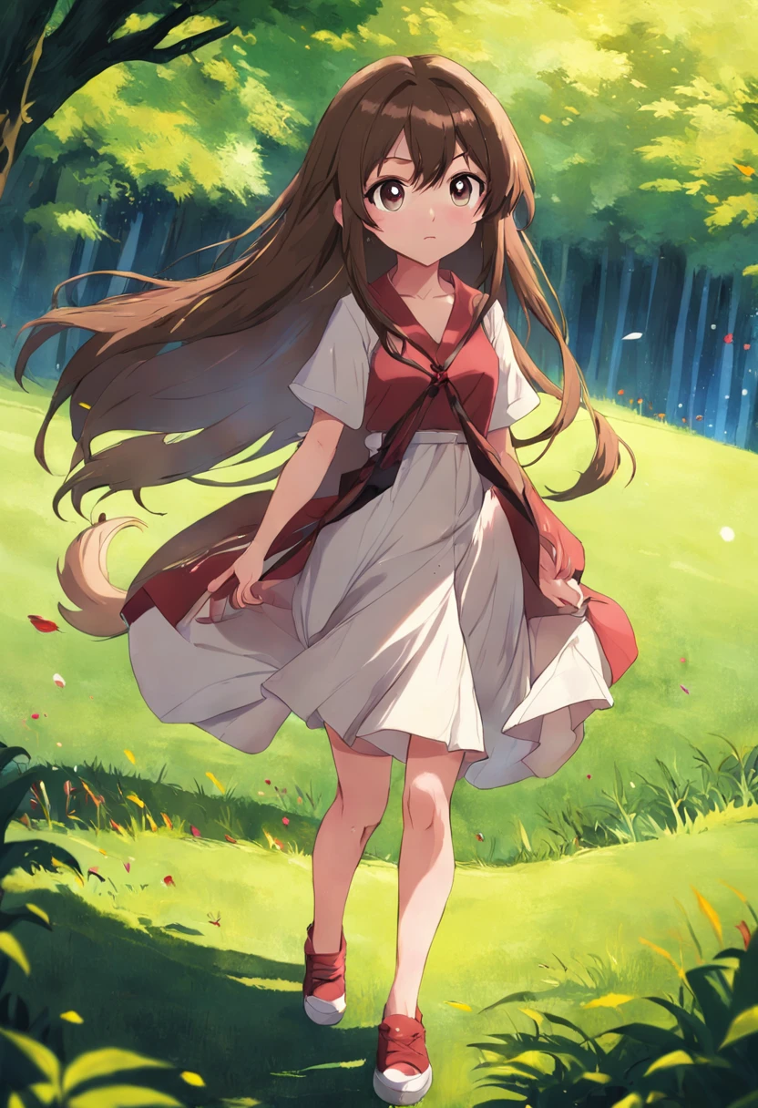 female, full body, (detailed face: 1.2), neat background, masterpiece, fashion, long hair, brown hair, brown eyes, shirt, grass, holding poke ball, best quality,