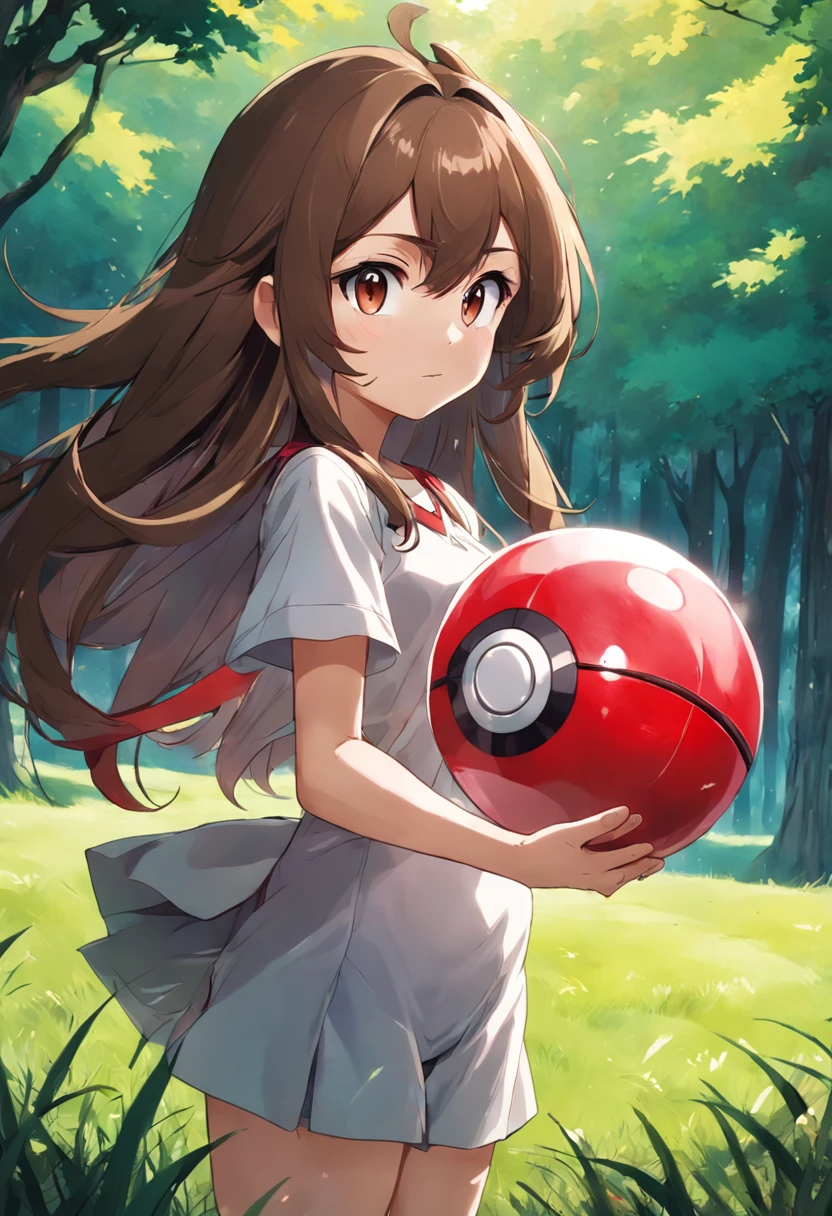 female, full body, (detailed face: 1.2), neat background, masterpiece, fashion, long hair, brown hair, brown eyes, shirt, grass, holding poke ball, best quality,