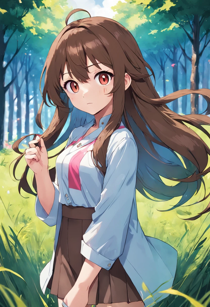 female, full body, (detailed face: 1.2), neat background, masterpiece, fashion, long hair, brown hair, brown eyes, shirt, grass, holding poke ball, best quality,