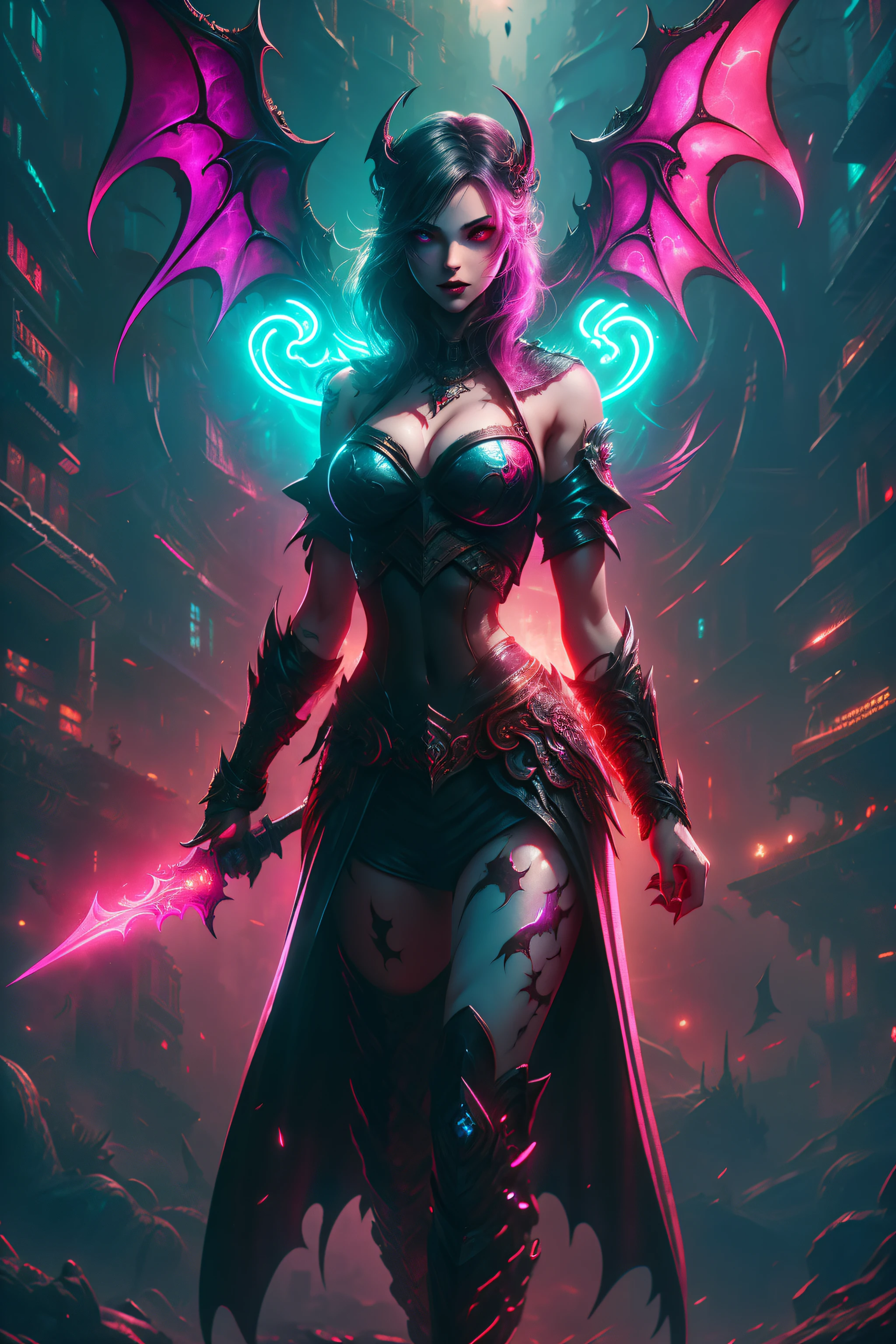 high high quality，Best quality at best，Realiy，Super realistic，super detailing,tmasterpiece，A high resolution，8K，Very realistic，Hellbringers，red - eyed，Meniscus，Close-up of a girl with a sword and a vampire, Dark black cloak，比基尼，glitchpunk girl,pale milky white porcelain skin, Vampires，Smooth translucent white skin, small thighs，Small waist，Small hips，cropped shoulders，Nice collarbone，ultra-realistic realism，big breasts exposed cleavage,The upper part of the body,,Wear a bikini，Tattooed with，red color eyes，gothic art style，((Bat wings))，Epic fantasy digital art style,A noble and elegant vampire girl, dan mumford tom bagshaw, dark fantasy style art, Epic fantasy art style, , dark fantasy art style, Epic fantasy art style HD, dark fantasy digital art，"Artistic image type: {Perched on the top of the cybernetic dragon, Vampire Maiden investigates the vast cyber metropolis below. Infused with neon lights, Contrast her technically enhanced body, Embedded LEDs and retractable technology weapons shine. In a striking pose, She seemed ready to act, A fusion of ancient legends and visions of the future}, Excellent location，with city view, (Vibrant neon lighting:1.5), (Digital painting:1.25), (4K:1.2). environment: panoramic view of a city，Bats fly across the skyline."