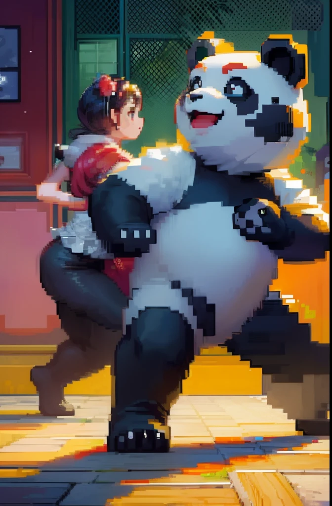 top-quality, ​masterpiece, Pixel art, Pixel art（24 squares × 24 squares）, Dancing parent pandas, Dancing baby panda