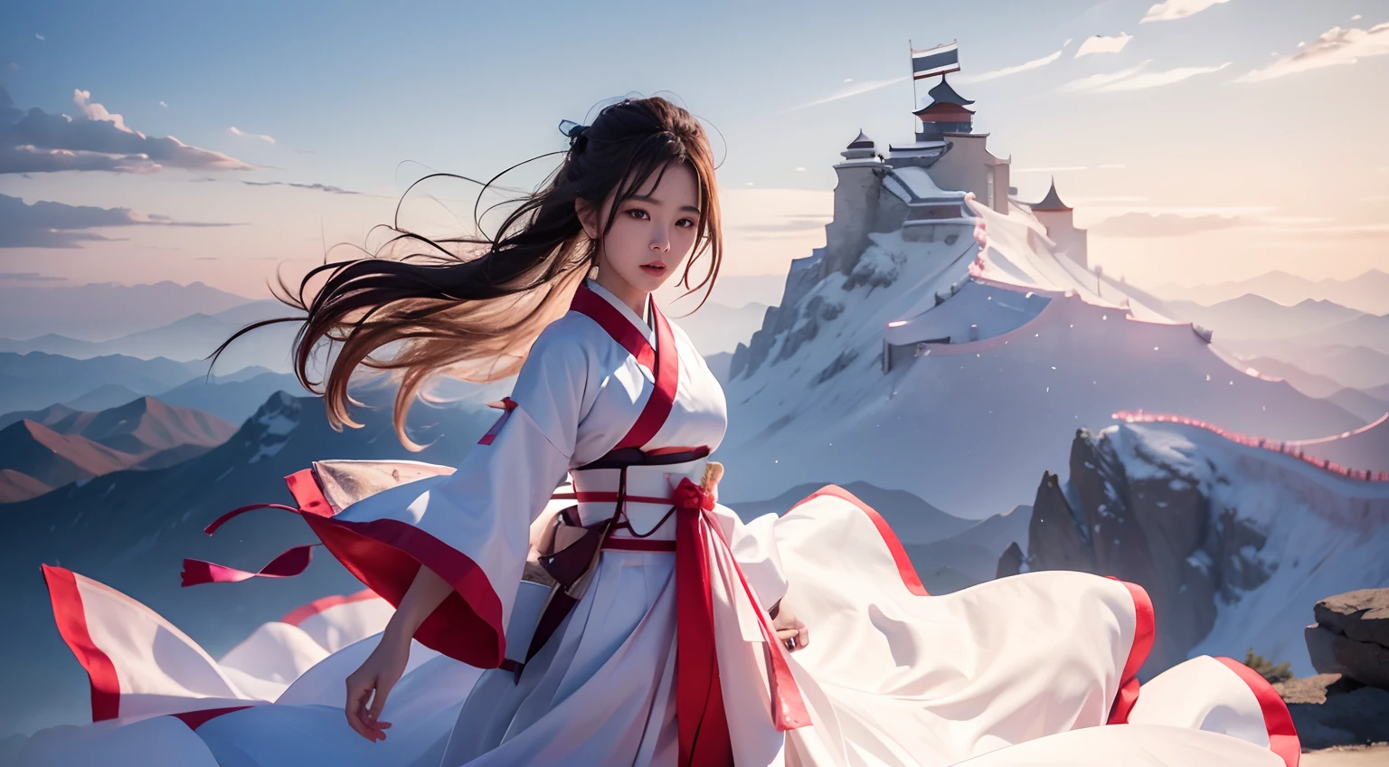 (Best quality, 8K, photorealistic , raw, masterpiece:1.1), perfect body , korean girl wearing hanbok , standing at the peak of mountain , beautiful lanscape, dynamic view , perfect view , cinematic lighting