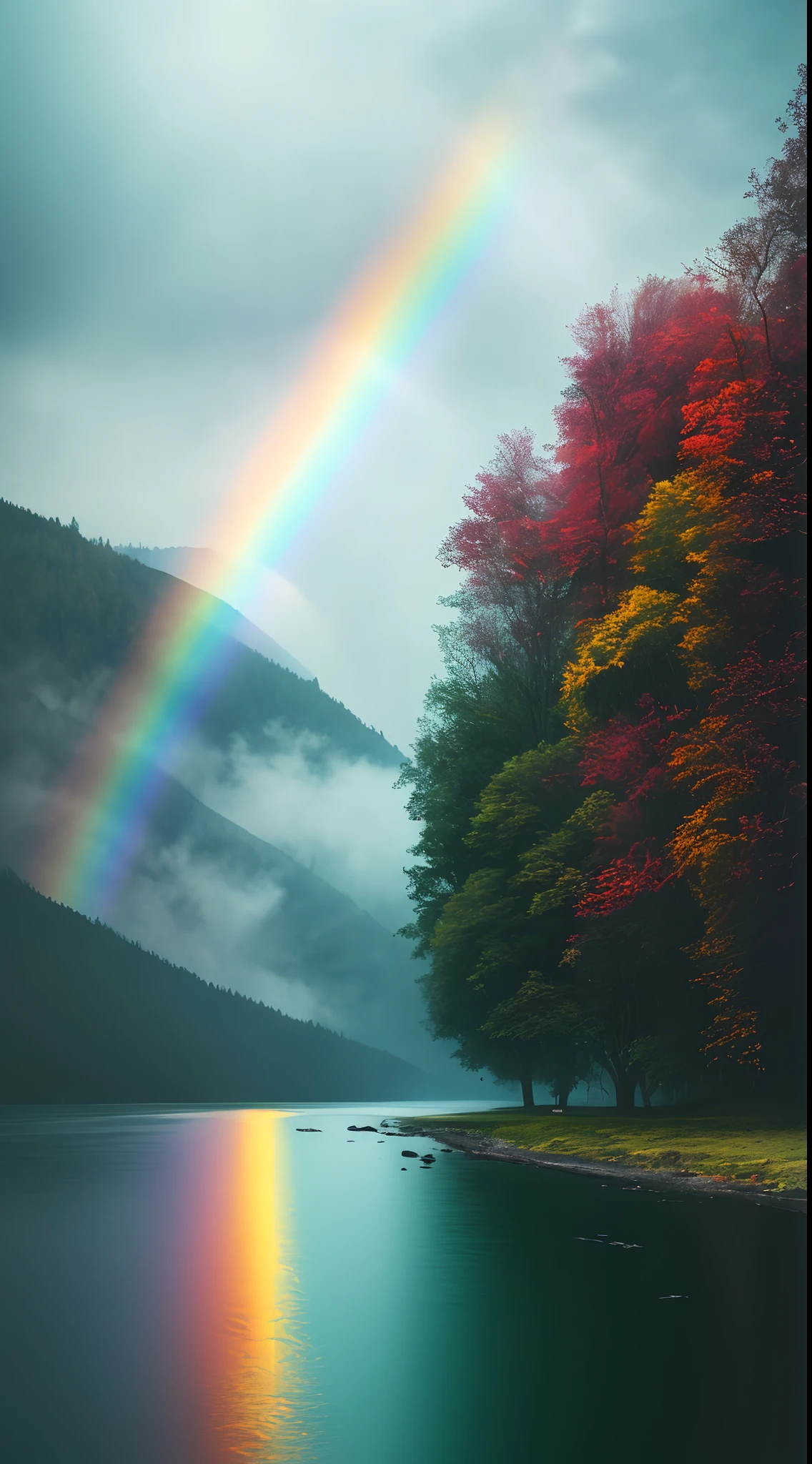 analog style,Chromav5, nvinkpunk,masterpiece, best quality, high quality,extremely detailed CG unity 8k wallpaper, scenery, outdoors, tree, no humans, sky, cloud, mountain, nature, river, water, rock, cloudy sky, day, landscape, reflection, lake, blue sky, building, mountainous horizon,heavy rain, rainbow, rain, Stormy, lightning, mist, fog , oil paiting, award winning photography, Bokeh, Depth of Field, HDR, bloom, Chromatic Aberration ,Photorealistic,extremely detailed, trending on artstation, trending on CGsociety, Intricate, High Detail, dramatic, art by midjourney