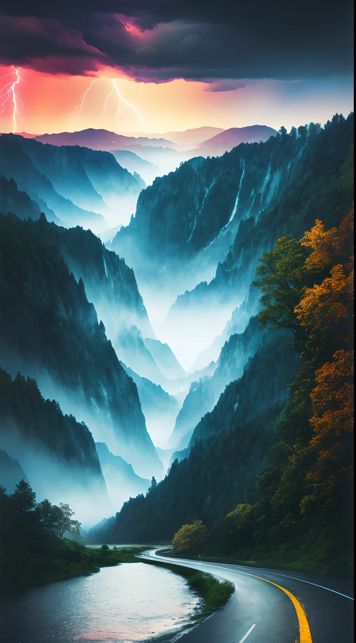 analog style,Chromav5, nvinkpunk,masterpiece, best quality, high quality,extremely detailed CG unity 8k wallpaper, scenery, outdoors, tree, no humans, sky, cloud, mountain, nature, river, water, rock, cloudy sky, day, landscape, reflection, lake, blue sky, building, mountainous horizon,heavy rain, rainbow, rain, Stormy, lightning, mist, fog , oil paiting, award winning photography, Bokeh, Depth of Field, HDR, bloom, Chromatic Aberration ,Photorealistic,extremely detailed, trending on artstation, trending on CGsociety, Intricate, High Detail, dramatic, art by midjourney