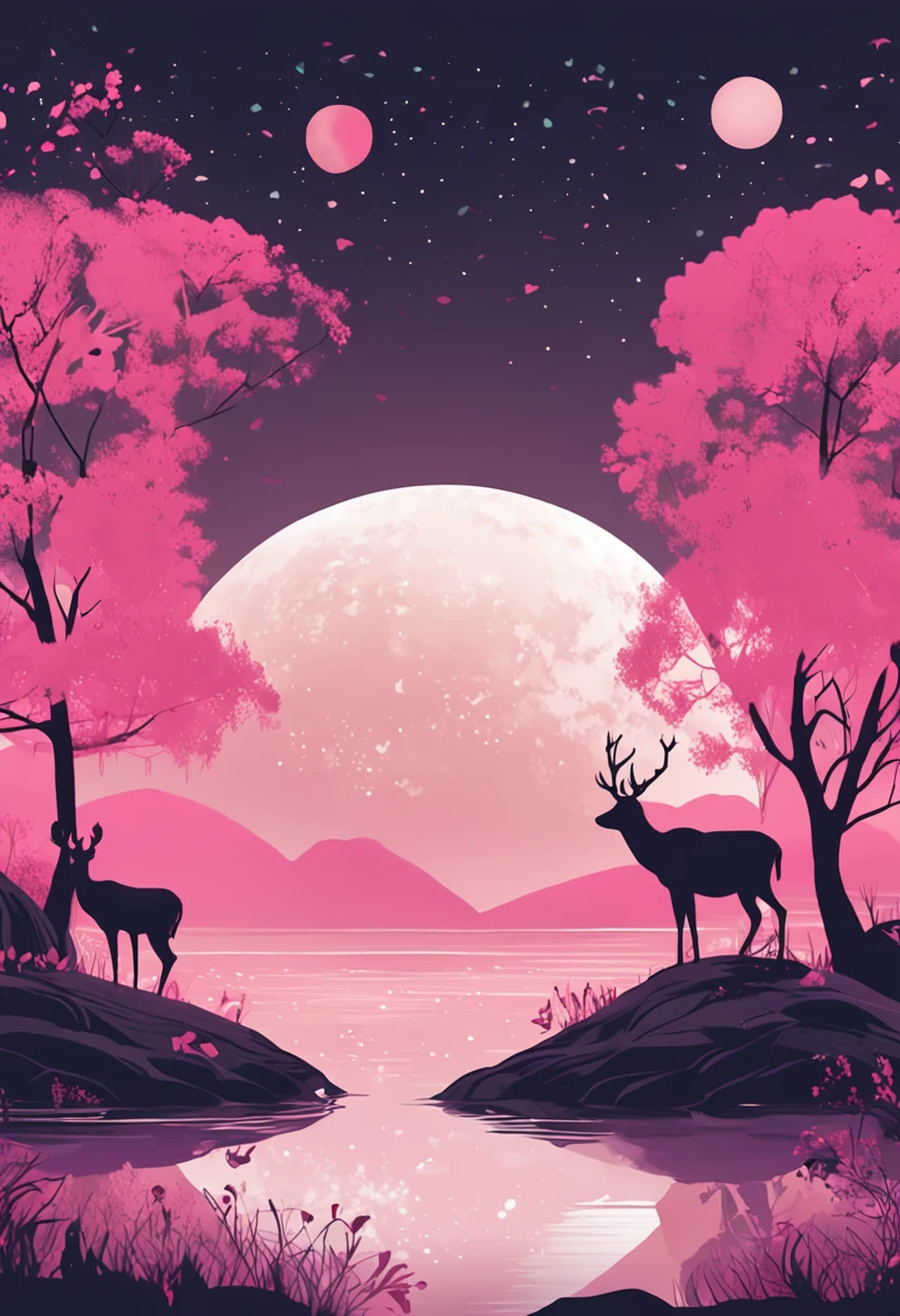There is a poster,It shows a cartoon deer and two lovers sitting on a fawn with their backs to the picture,Fawn in pink water,In front of them is a big, round moon romantic, A beautiful artwork illustration, , fairy tale style background, hand painted cartoon art style, Artistic cover, cheerfulness, (in pink), cheerfulness!!!