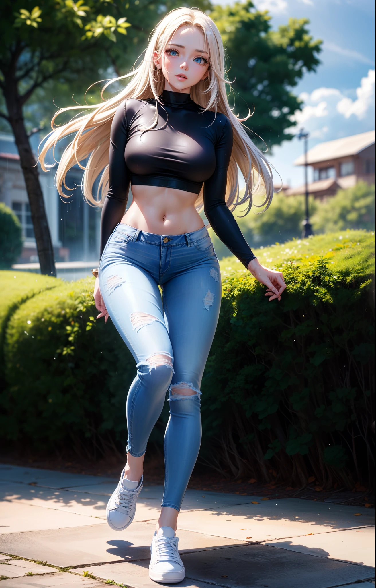 masterpiece, extremery magnificent view, perspective, extremery best quality, extremery detailed CG, 8k wallpaper, high resolution, highly detailed face, highly detailed eyes, perfect anatomy, super detailed skin,
(dynamic angle, dynamic pose:1.2), outdoors, park, tree and pond, (portrait, legs focus, full body), (beautiful face, beautiful eyes, beautiful legs:1.3), ((((((pee stain)))))), blush, worried,
1 girl, solo, (black top, skinny jeans:1.3), long sleeves, medium breasts, blond hair, long hair, floating hair, straight hair, open forehead, parted bangs, (white sneakers:1.3), blue eyes, (navel:0.8), (blue jeans:1.3), skinny, slender, wide hips, thin waist