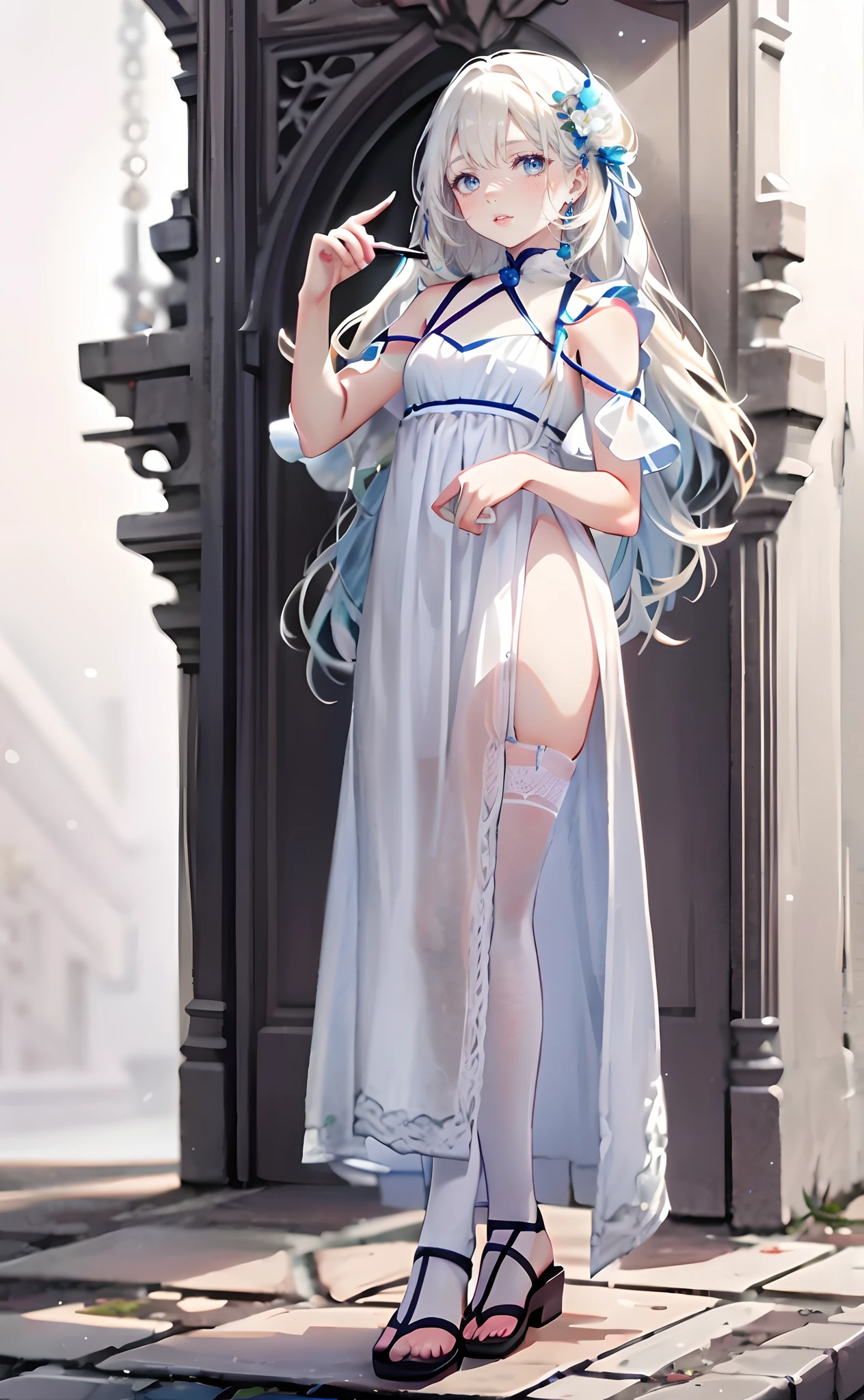 meticulous portrayal of face，1 girl，White dress long dress，(white stockings+)，Flat sandals for women，(White stocking feet)，light blue long hair，Station background， Perfect body， s the perfect face， perfect hand， Perfect Finger， Perfect lips， perfect  eyes， Perfect background