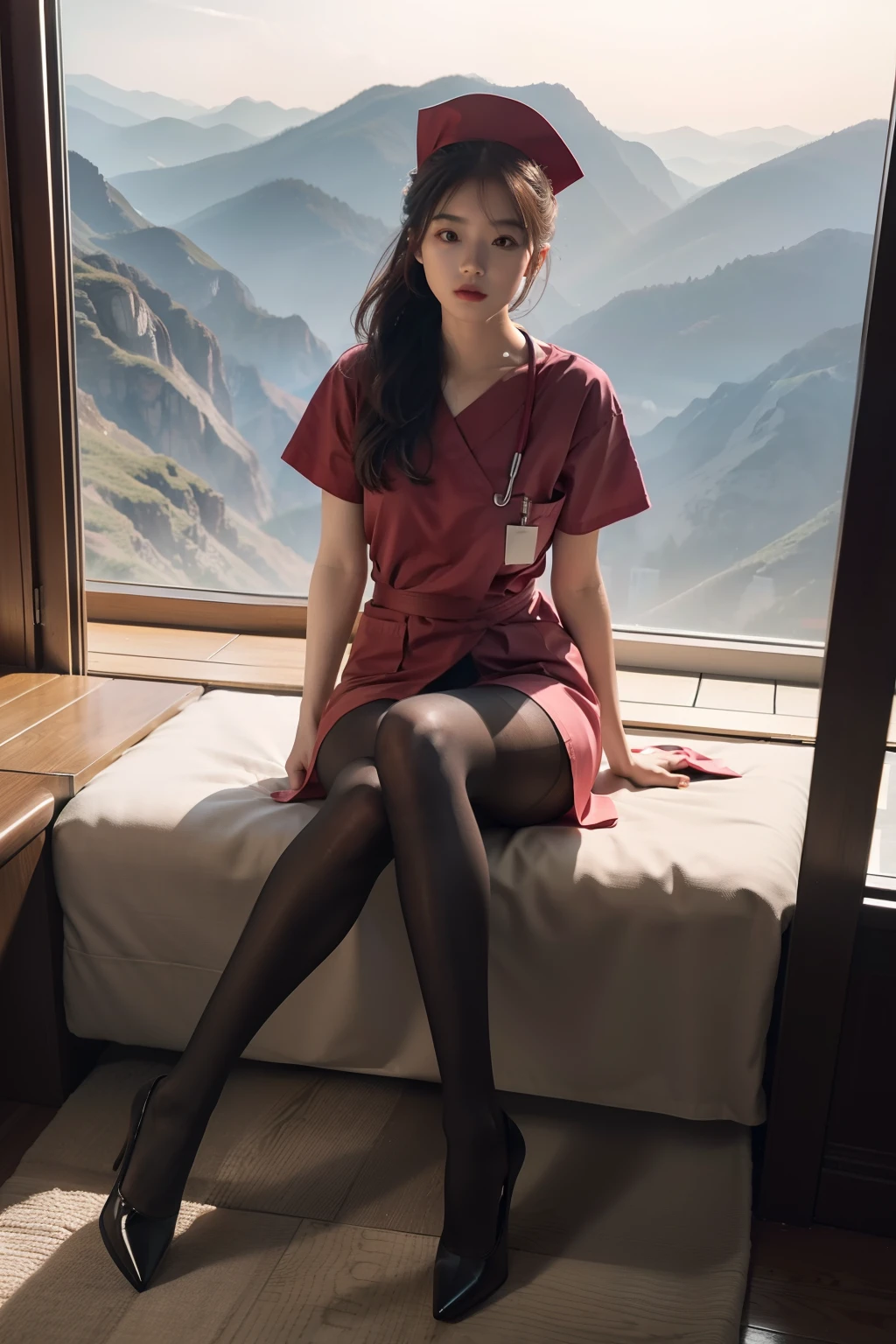 (full body:1.5)，(1girl:1.3),(view the viewer:1.4)，(anatomy correct:1.4),(Opaque pantyhose:1.3),(sitting on the top of mountain:1.2),(Wearing a nurse set:1.2),,( girl pointed thick heels :1.1),(Accurate and perfect face:1.3),(Long legs:1.3),hyper HD, Ray traching, reflective light， structurally correct, Award-Awarded, high detail, lighten shade contrast, Face lighting ，cinematic lighting, masterpiece, super detailing, high quality, high detail, best quality, 16k，High contrast,