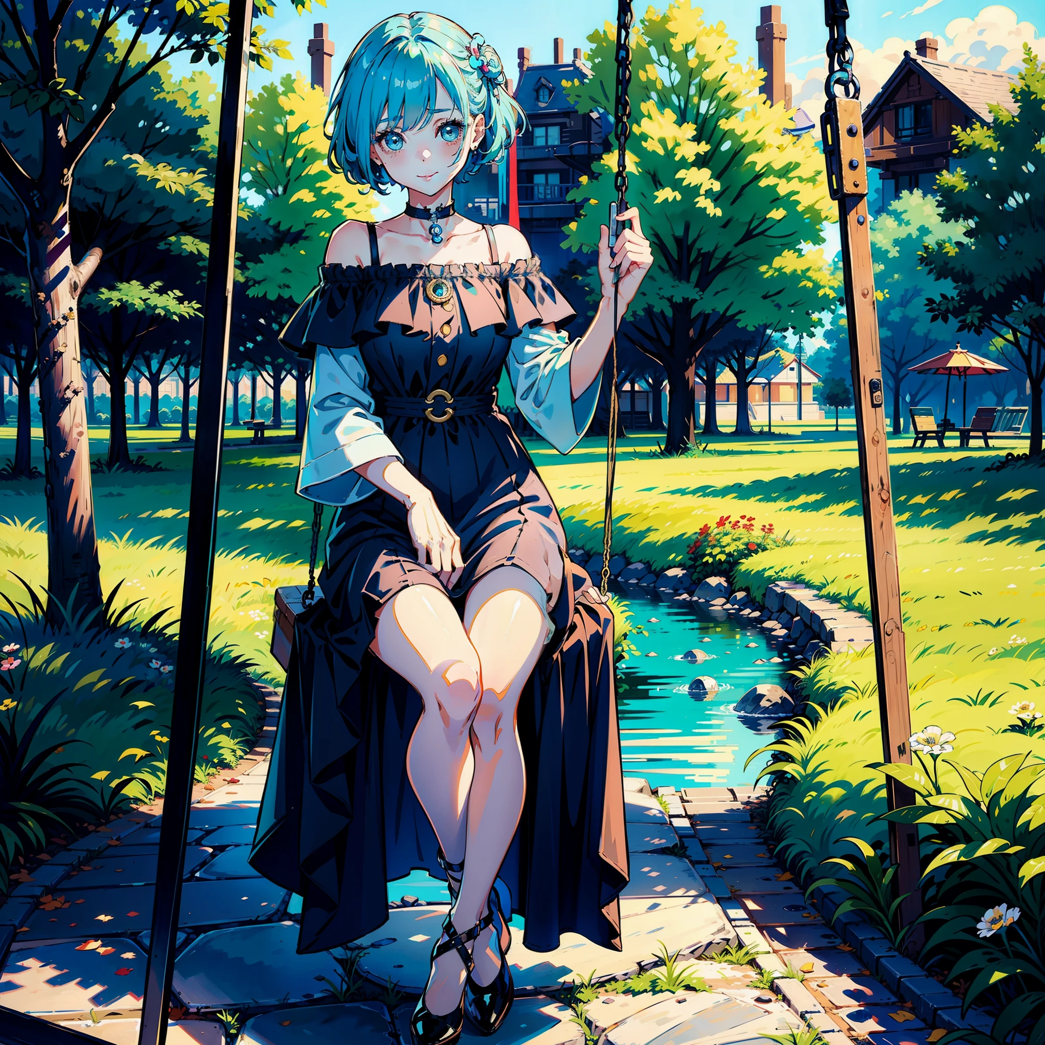 Light blue haired girl sitting on a swing in the park、big eye、Dark eyelashes、A big smile、off shoulder one piece dress、Colorful soap bubbles、（Supreme details）、（Top image quality）、（​masterpiece）