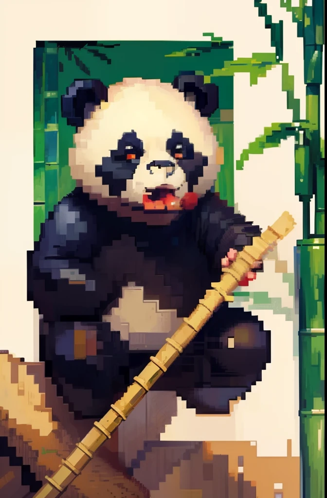 top-quality, masterpiece, pixel art, Pixel art(24 squares × 24 squares), Panda eating bamboo while jumping