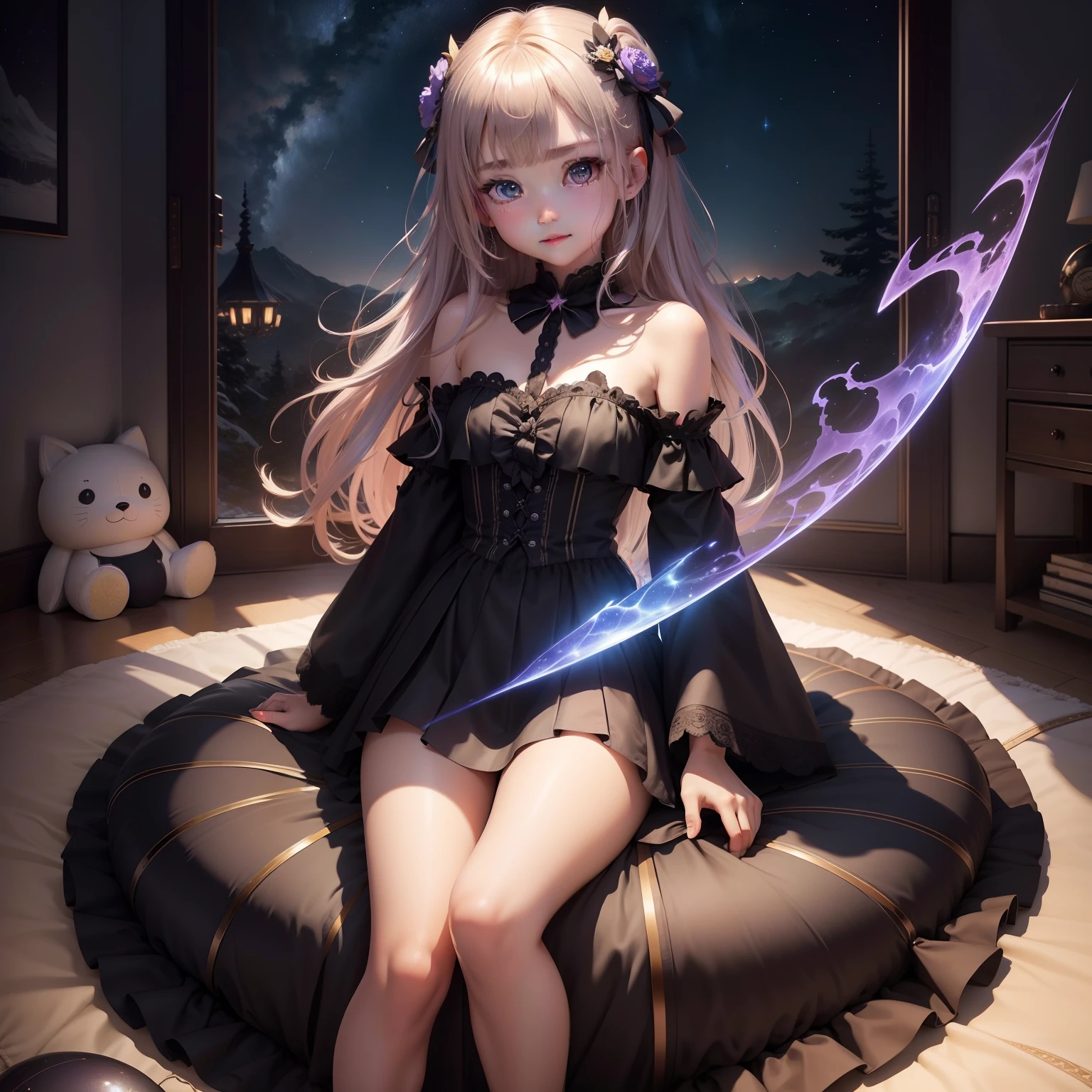 top-quality、8K、tmasterpiece、 girl、flat breast、slenderness、nakeness、Lots of decorations、plushies、Hobbies for girls、Accessories、meteors、Beautiful night sky、Wind、From foot to whole、Meaningful smiles、narrowed eyes