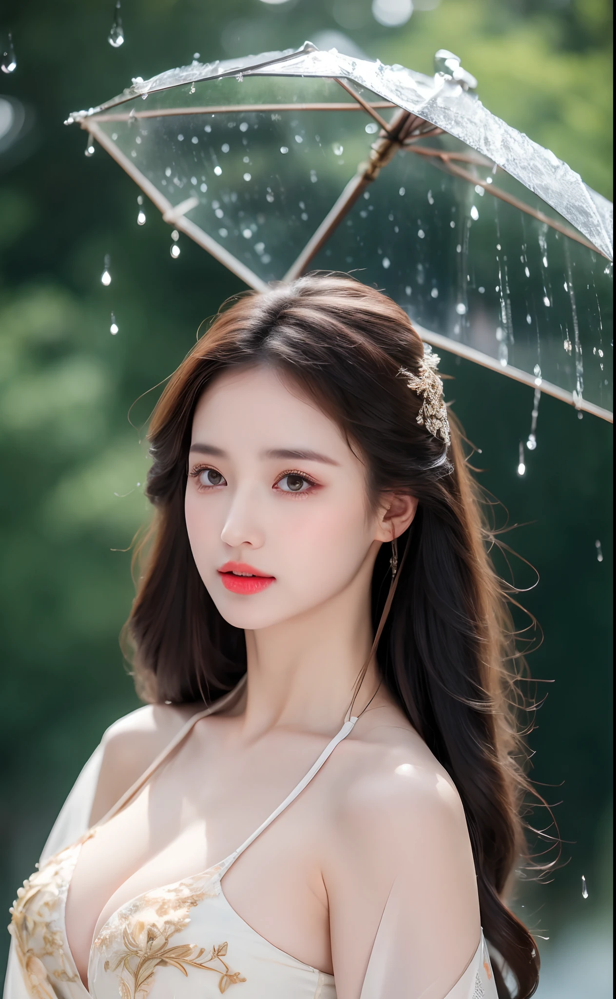 ((Best Quality, 8k, Masterpiece: 1.3)), Focus: 1.2, Perfect Body Beauty: 1.4, Buttocks: 1.2, ((Layered Haircut)), (Wet Clothes: 1.1), (Rain, Street:1.3), (Breasts: 1.2), (Hanfu: 1.2), Bare Shoulders, Bare Legs, Highly Detailed Face and Skin Texture, Fine Eyes, Double Eyelids, Whitened Skin, Long Hair, (Shut Up: 1.5), (Bokeh Background: 1.5), Big Breasts