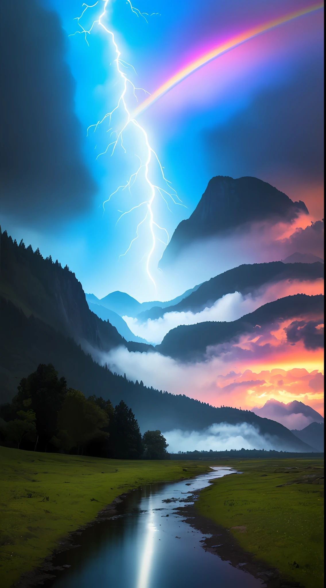 analog style,Chromav5, nvinkpunk,masterpiece, best quality, high quality,extremely detailed CG unity 8k wallpaper, scenery, outdoors, tree, no humans, sky, cloud, mountain, nature, river, water, rock, cloudy sky, day, landscape, reflection, lake, blue sky, building, mountainous horizon,heavy rain, rainbow, rain, Stormy, lightning, mist, fog , oil paiting, award winning photography, Bokeh, Depth of Field, HDR, bloom, Chromatic Aberration ,Photorealistic,extremely detailed, trending on artstation, trending on CGsociety, Intricate, High Detail, dramatic, art by midjourney