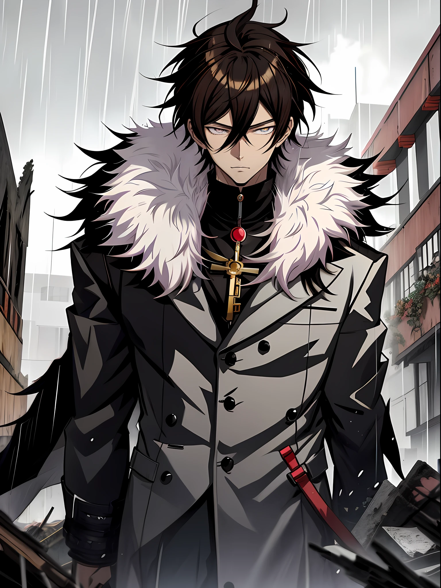 An anime man in a black fur coat stands among the ruins in the rain, brunette color hair,Black colored eyes,inspirado em Okumura Masanobu, nobutaka ike, Badass anime 8 K, Anime handsome man, Anime portrait of a handsome man, anime concept hdr anime macmanus, Key anime art, male anime character