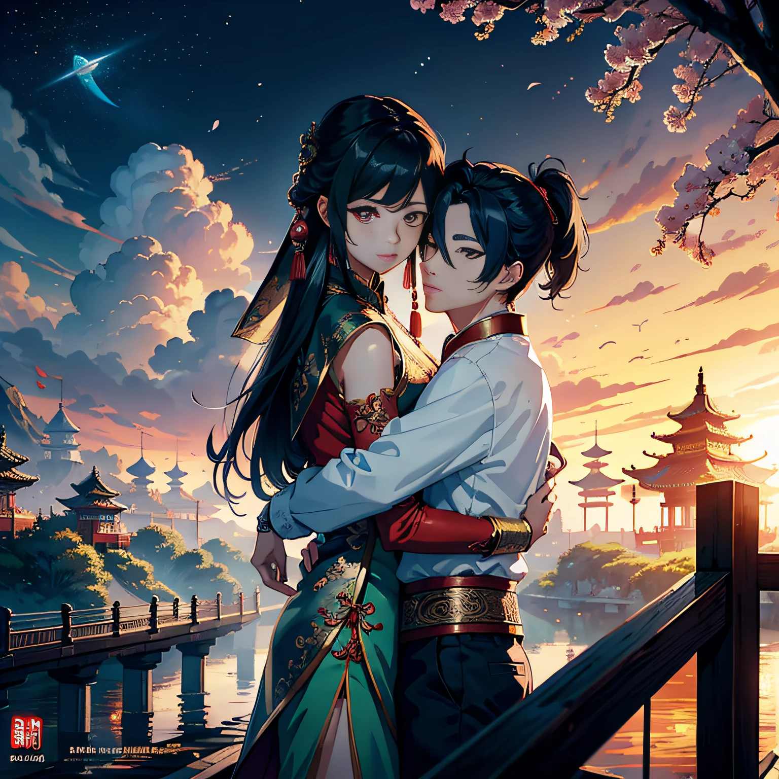 tmasterpiece,A high resolution,Complex scenes,detailed face with,CG animation,Chinese mythology and story Qixi Festival,in wonderland,bru,(Boys and girls hugging each other on the bridge),illustration,Crane,Clouds,