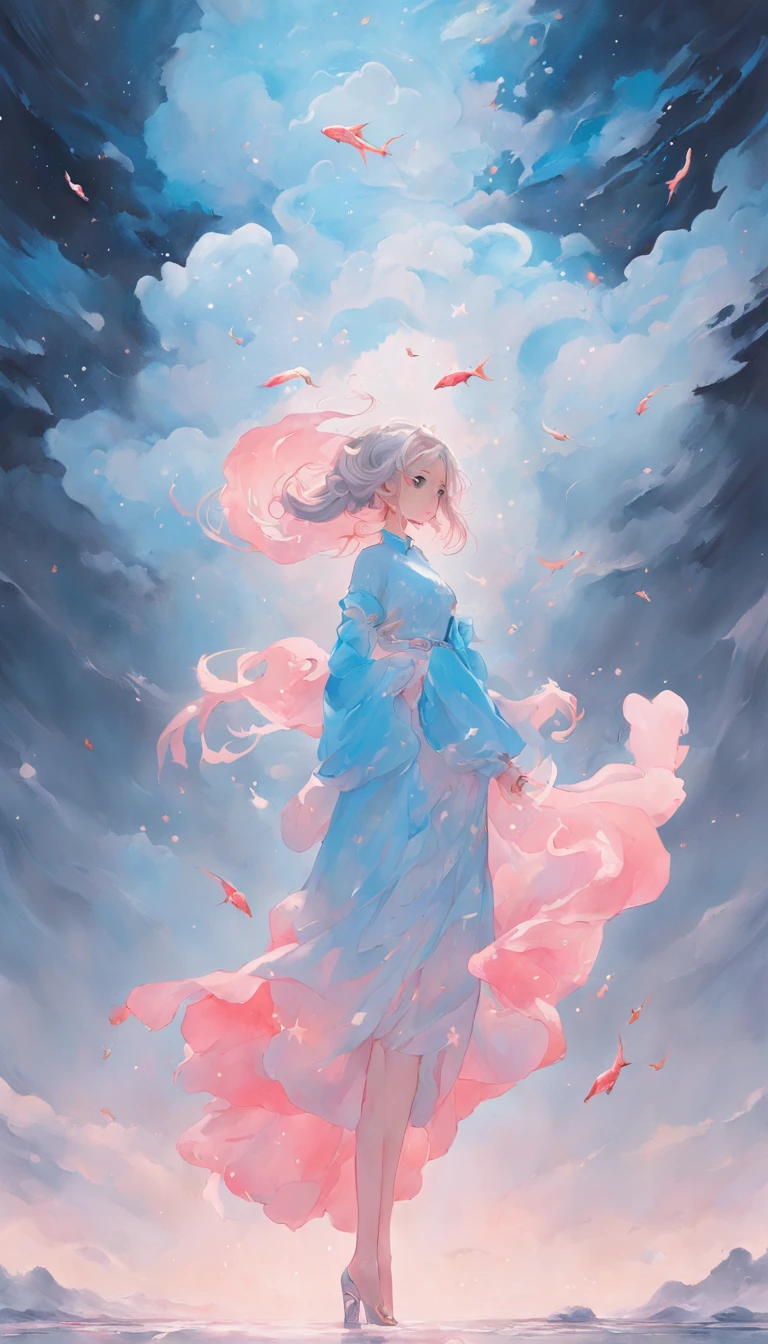 An inky white painting,The painting depicts a lady in a long light blue dress,There is a huge pink goldfish in the clouds, Made of fog, Dark white and pink, Clear face,Clear eyes,In the style of Li Shuxing, shilin huang, Talented people, Ethereal form, gigantic scale, Elegant and balanced, Doubleexposure, Cloud effects:1.5,elevation,Faraway view,super detailing,best qualtiy,tmasterpiece,8K,Extremely detailed,Epic artwork