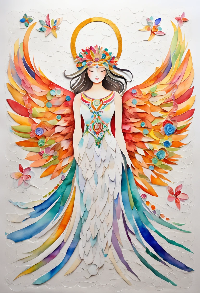(FULL BODYSHOT:1.4), White background, (1 Angel Girl,Glowing wings, Halo, Exquisite headdress, Smile), (paper art, Quilted Paper Art, Geometry), highly colorful