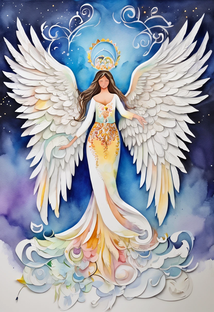 (FULL BODYSHOT:1.4), White background, (1 Angel Girl,Glowing wings, Halo, Exquisite headdress, Smile), (paper art, Quilted Paper Art, Geometry), highly colorful