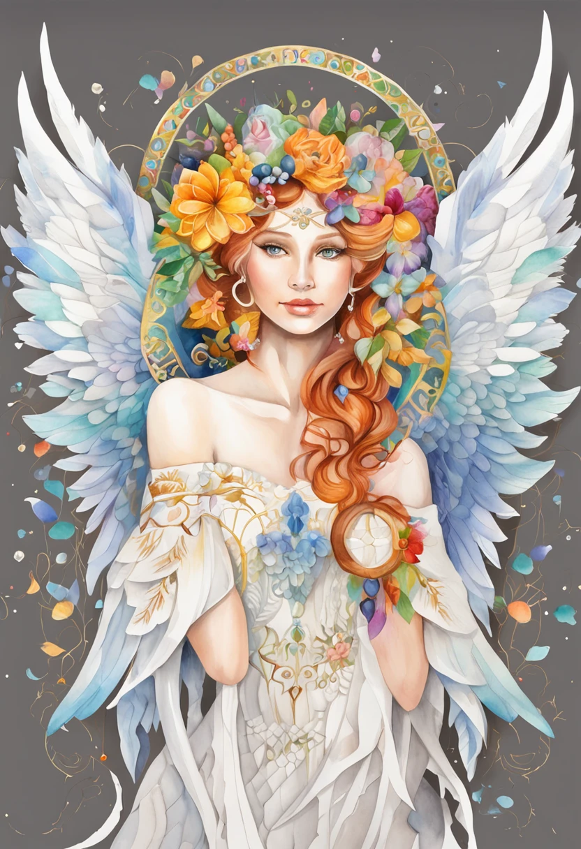 (FULL BODYSHOT:1.4),  White background, (1 Angel Girl,Glowing wings, Halo, Exquisite headdress, Smile), (paper art, Quilted Paper Art, Geometry), highly colorful