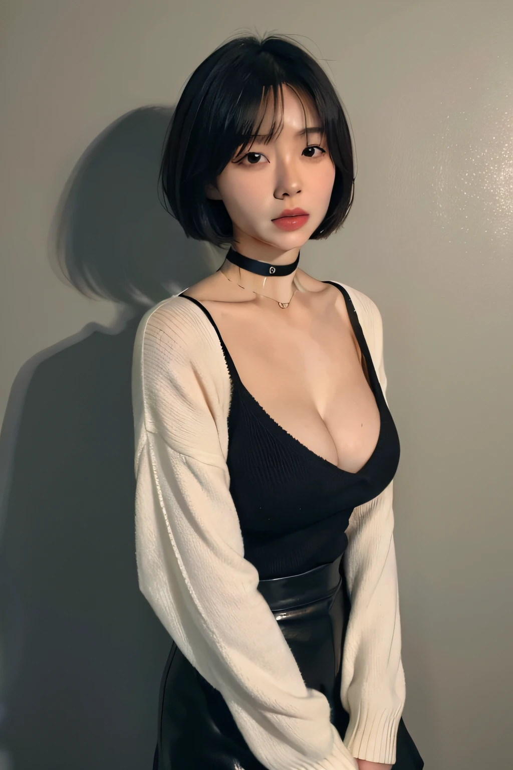 (best qualtiy,8K,32K,tmasterpiece,hyper HD:1.2),Beautiful Japanese woman in the photo,big cleavage breasts,Very short Bob hair,,sface focus,Oversized_Sweater,choker necklace,simple backgound,from the above,looking at viewert,Hip-wrapped leather skirt