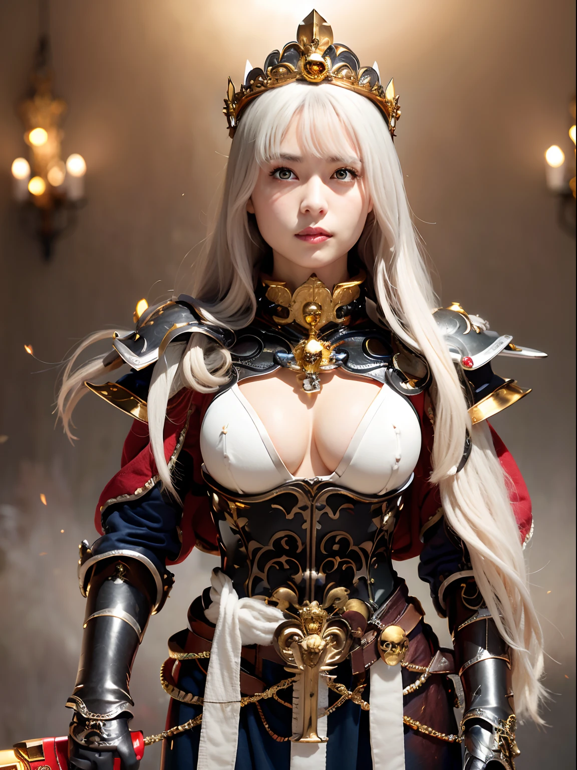 (masutepiece), Professional , masterpiece、top-quality、photos realistic , depth of fields (Gemstone Silver Metal Body:1.9),(Matte White、Jewel Gold Weapon(Jewel Metal Body:1.4),Gorgeous metal weapons , Detailed Sword of the Brave , Beautiful knife ,warhammer 40k , adepta sororitas,Detail and ornate jewel crown、Golden hair、Gangle's forest background、Beautiful Caucasian beauty、1a person、dynamic ungle,(((Detailed and ornate diamond crown)))、Smaller head、A smile、Background inside the castle、Thin and beautiful female hands、cleavage of the breast、Soldier in iron armor on background、Soldier in iron armor on background、Mystical expression、Light Effects、