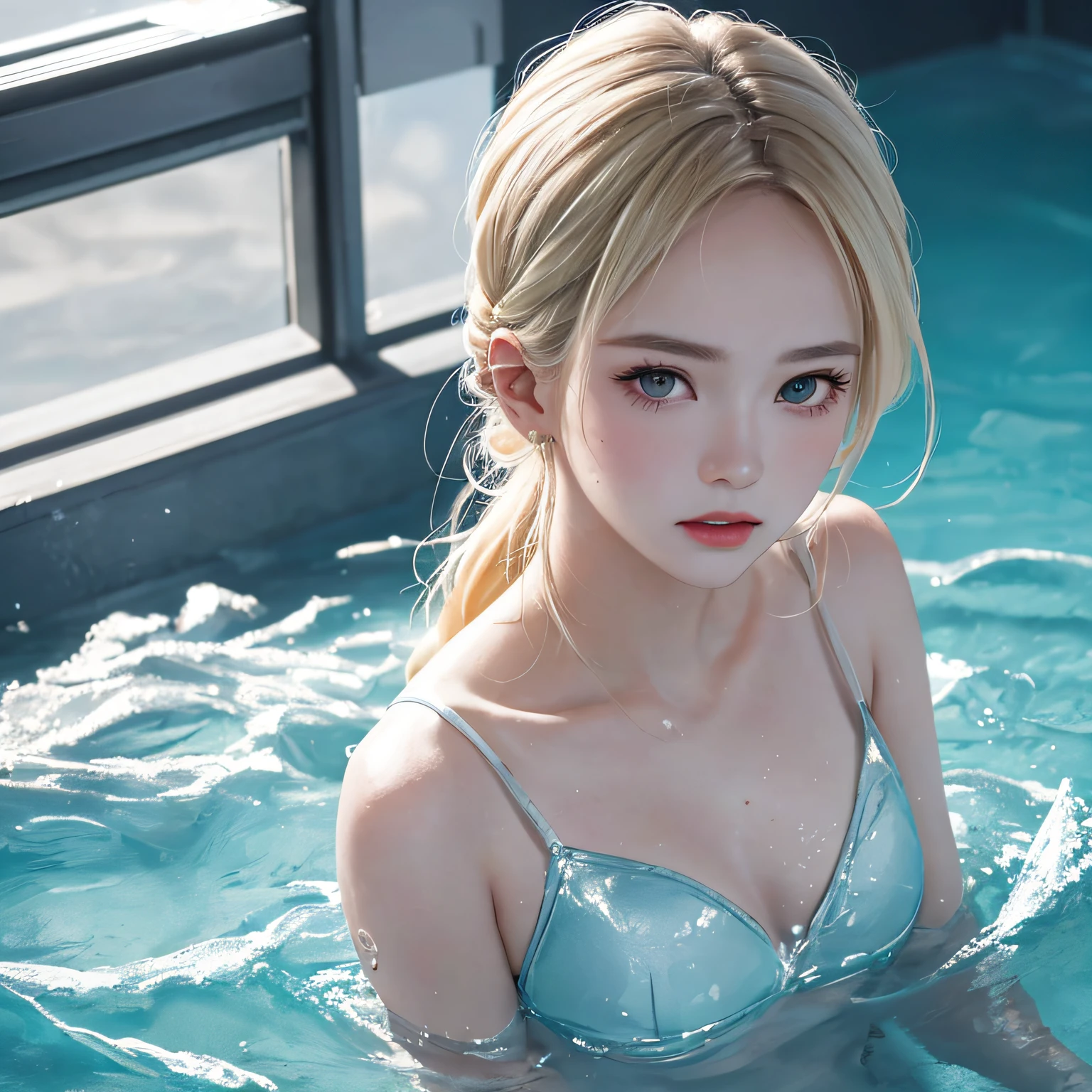 (in 8K, RAW Photos, of the highest quality, Masterpieces: 1.2), (Realistic, Photorealistic: 1.37), Highest Quality, Ultra High Resolution, light leaks, Dynamic lighting, Slim and smooth skin, (Full body:0.8), (Soft Saturation: 1.6), (Fair skin: 1.2), (Glossy skin: 1.1), Oiled skin, 18 years old, In the deep sea、a large amount of foam、Swimming、Sparkling white blonde、entranceway、Ice blocks、Ice Sparkle、Diamond Dust、Frozen