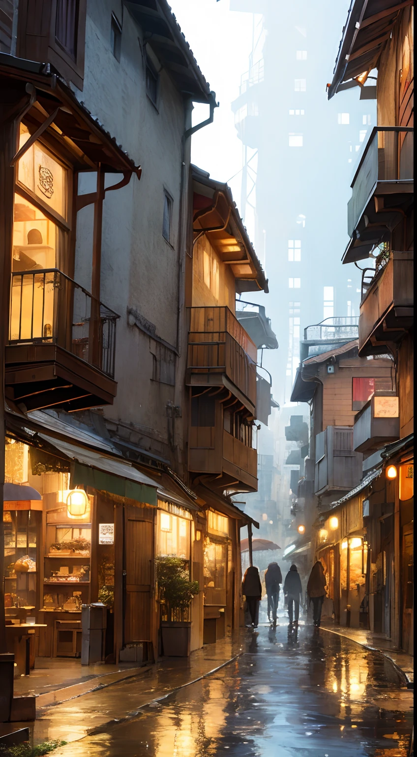 ((masterpiece)),((best quality)),((high detial)),((anime))
Industrial age city, deep canyons in the middle, architectural streets, bazaars, Bridges, rainy days, steampunk, European architecture