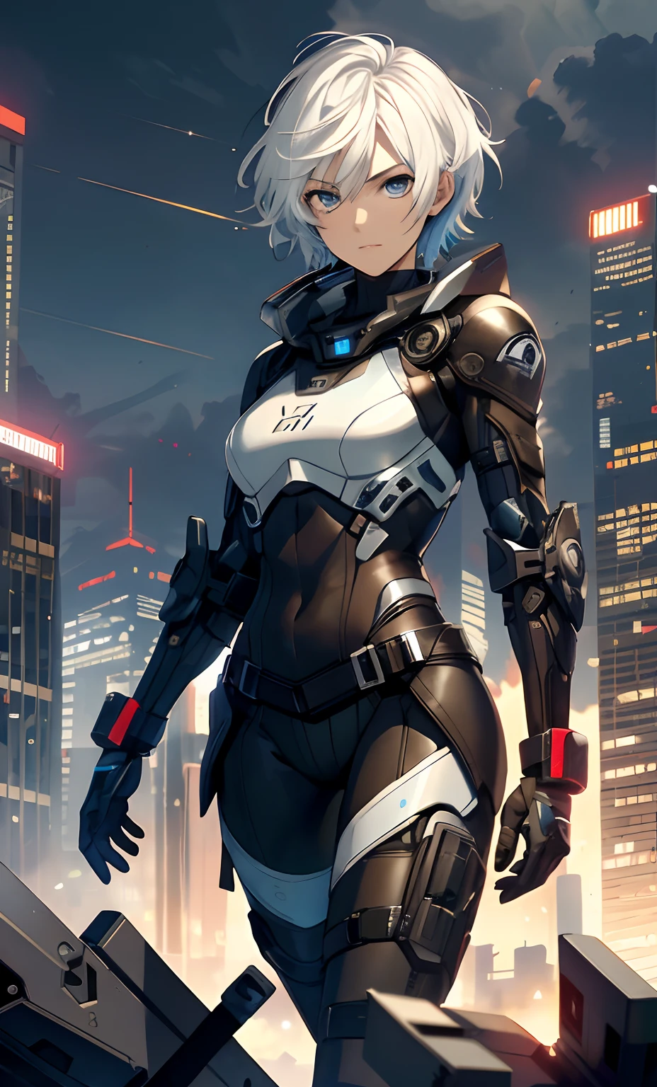 best qualityer,tmasterpiece,Ultimate resolution,downy,Extremely colorful,Colorful,Women combatants,a matural female,Short white hair,Dark blue eyes,Tight combat suit,tightsuit,With a belt,Steel City background,the night,Normal posture