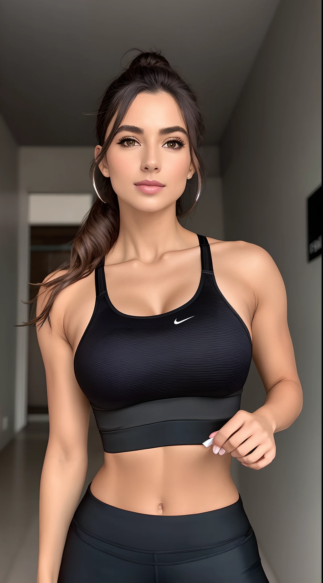 A gorgeous woman in a black sports bra top and black leggings, menina em forma, Esporte bom, detailed sports bra, Encaixe figura delicada, sport bra and shirt, sports bra, modelo fitness, foto fit, rosto e corpo atraentes, bra black, tanque preto apertado, sport bra and shorts, mulher em forma, Retrato Sophie Mudd, Parte superior do corpo bonita, corpo em forma