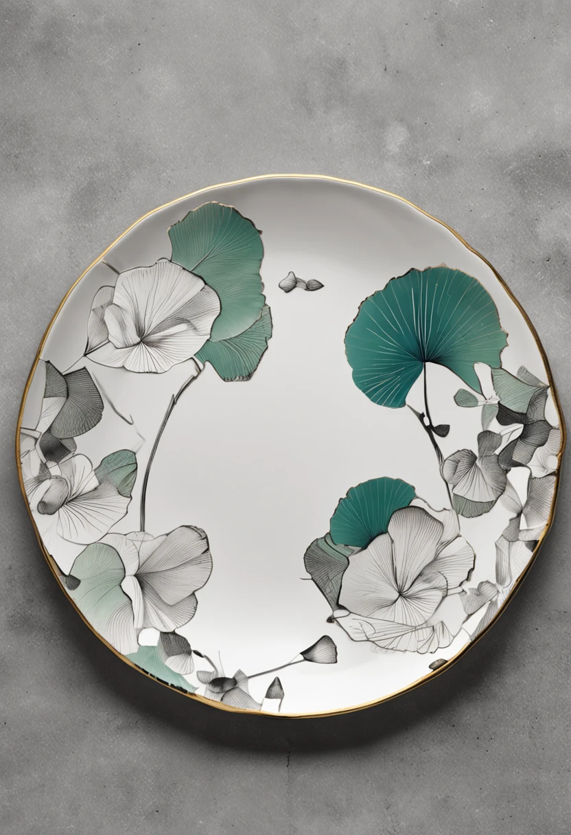 There is a bone china plate,Ginkgo biloba chart,Bone china plate design artwork,Modern artwork,top views,Best results,artwork of a,best qualtiy,8K,3D,Color decoration,top Quority,the detail,The edges are patterned,Add details
