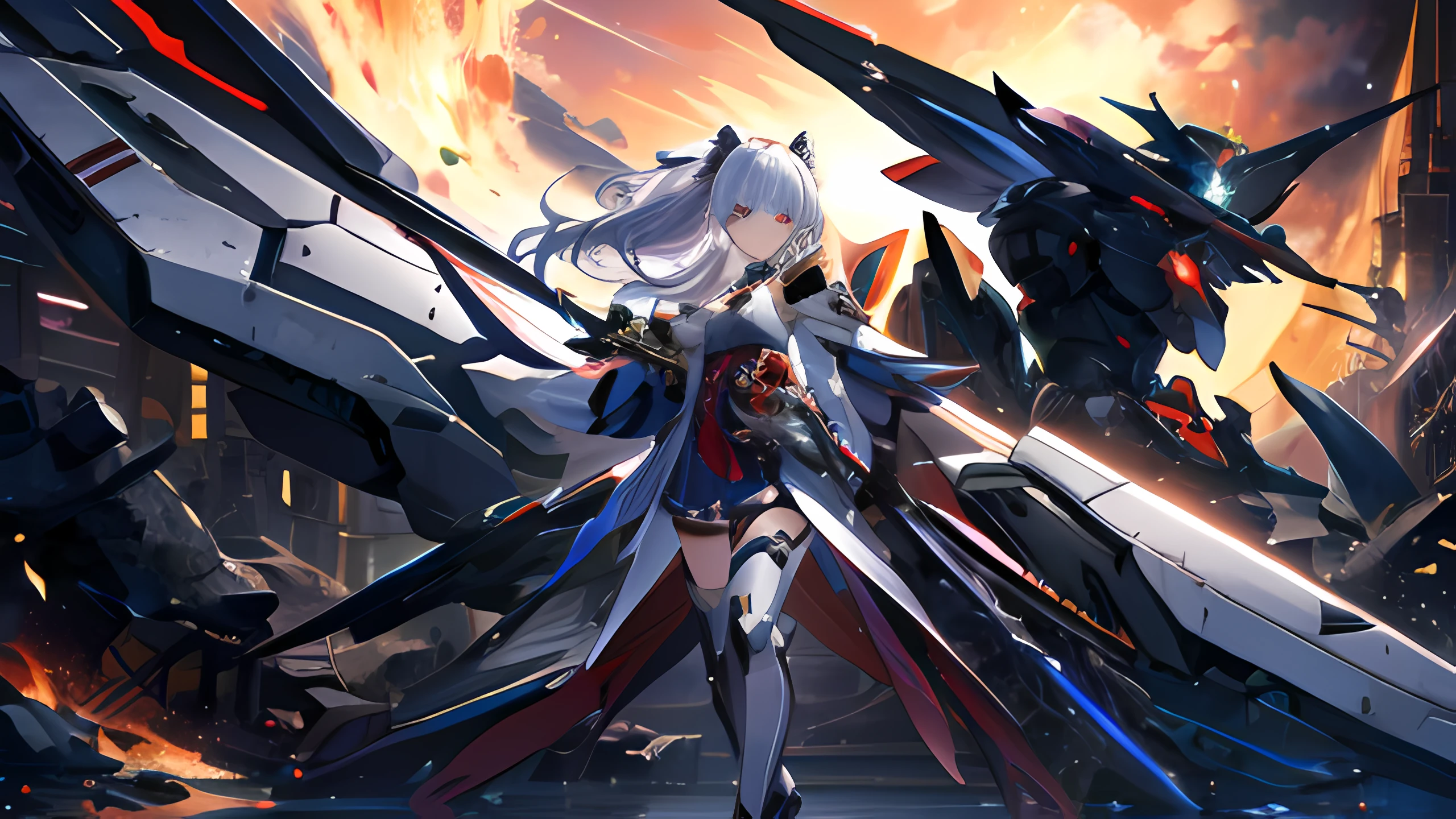 Close-up of a man holding a sword approaching a large robot, From the night of the ark, Ayaka Genshin impact, azur lane style, A scene from the《azur lane》videogame, arknight, Anime epic artwork, Anime fantasy artwork, Official artwork, advanced digital anime art, Female action anime girl, 《azur lane》role, anime mecha aesthetic,The eyes are spiritual